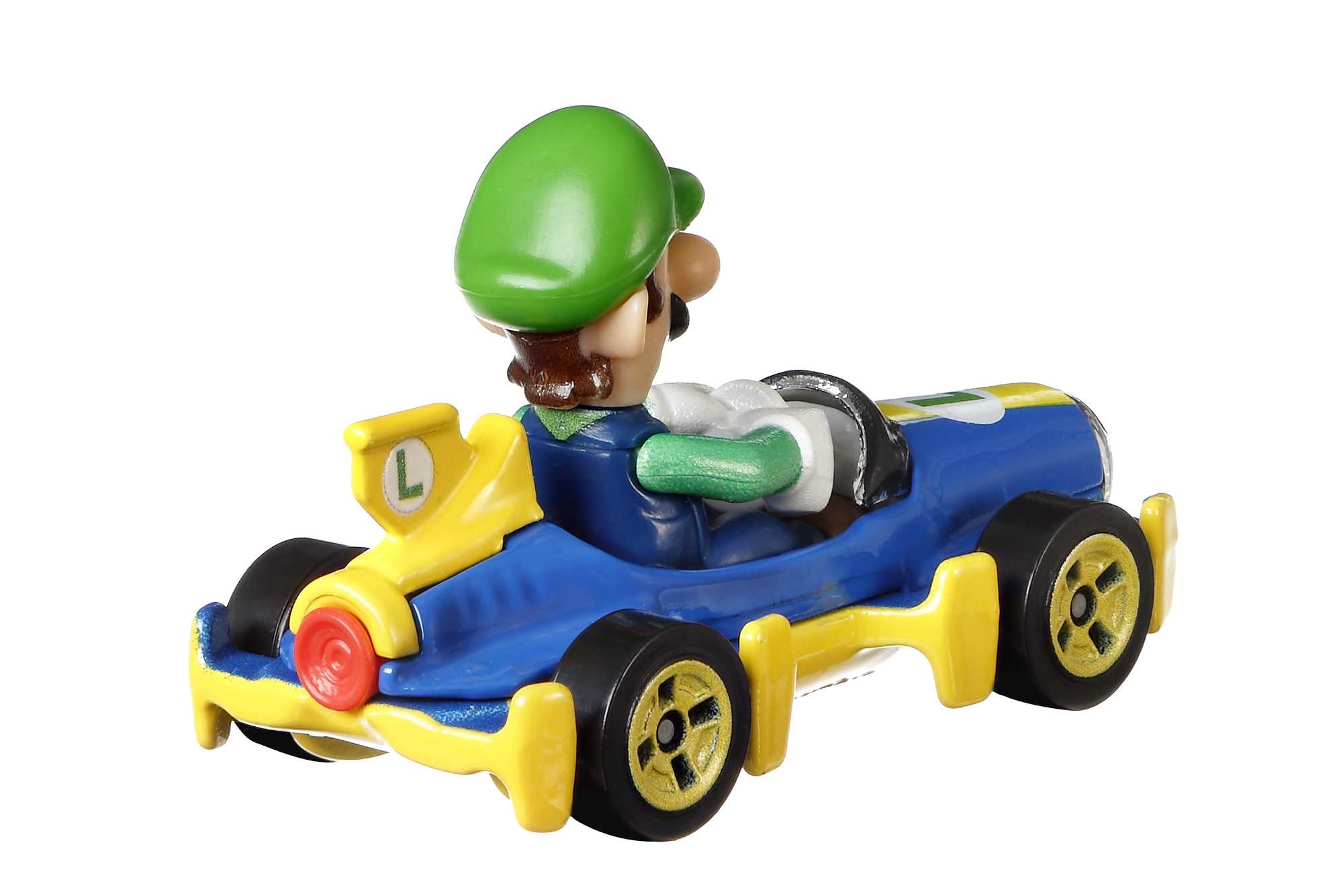 Luigi in einem blau-gelben Kart, mit grünem Hut und Schnurrbart, fährt nach rechts.