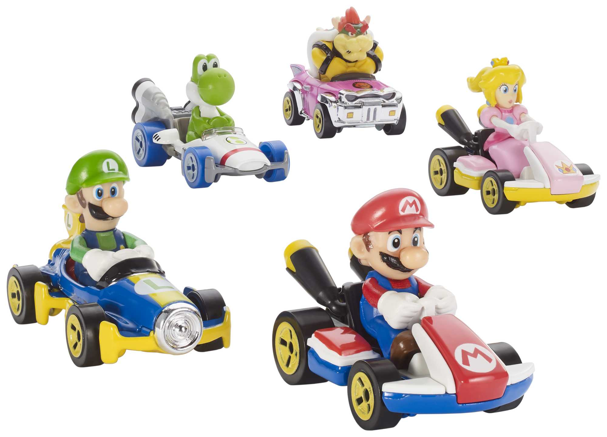 Spielzeug Mario Kart-Rennfahrer. Mario, Luigi, Yoshi, Peach und Bowser in ihren Karts.