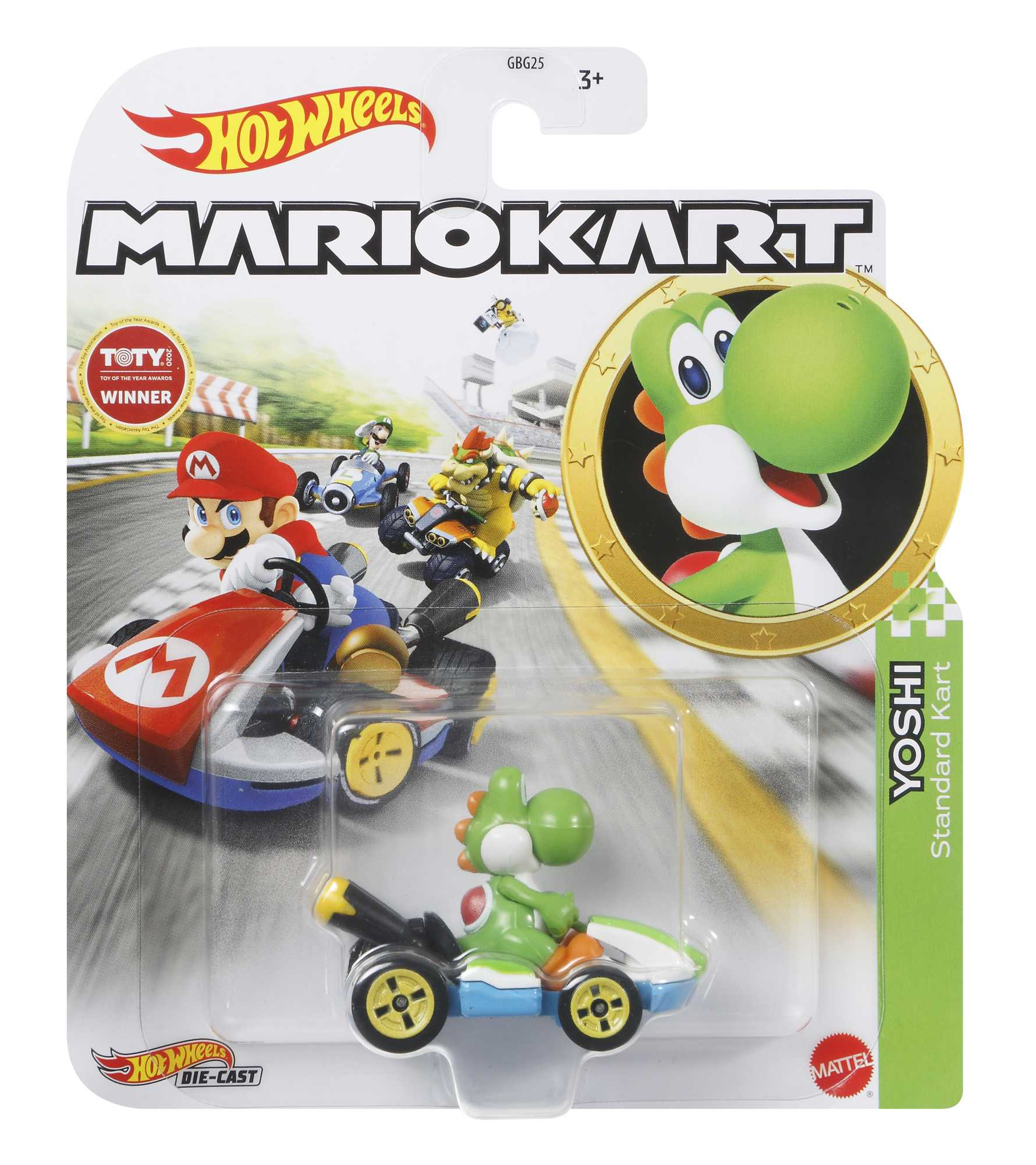 Mario Kart Hot Wheels Packung mit Yoshi Kart Spielzeug darin.