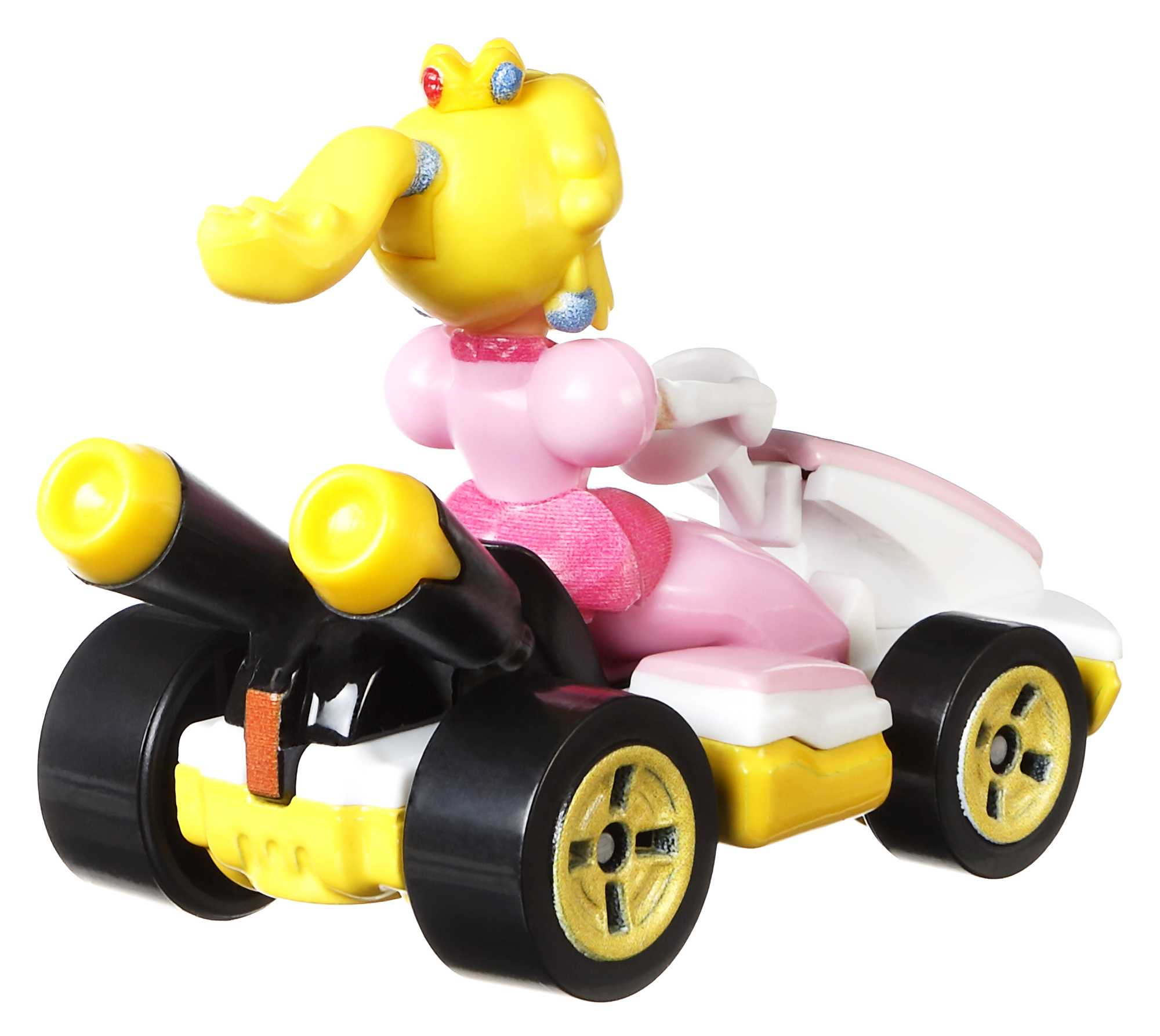 Peach in un kart giocattolo. Indossa un vestito rosa e una corona. Sfondo bianco.