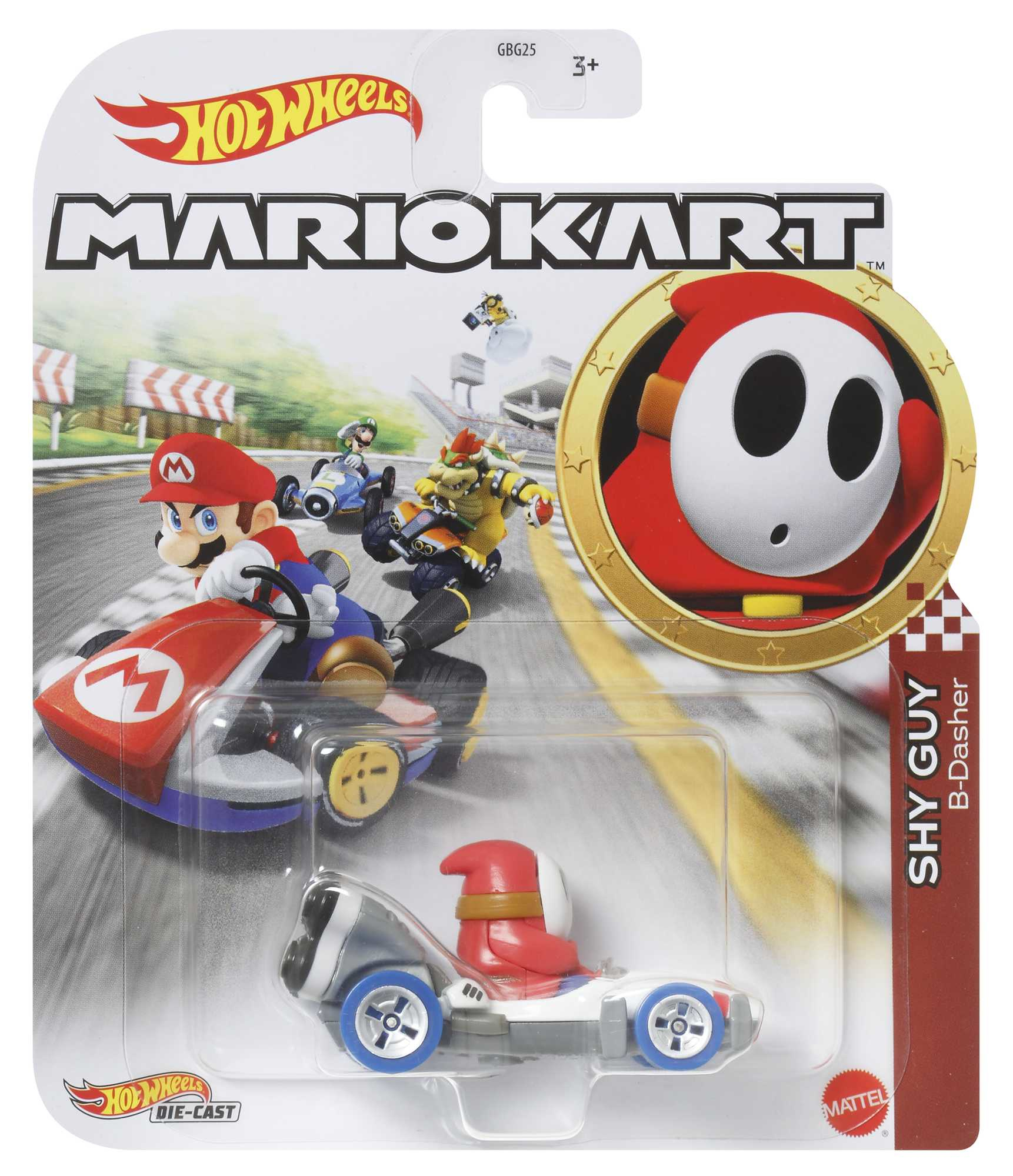 Eine Mario Kart Hot Wheels-Autoverpackung mit Shy Guy. Die Verpackung zeigt eine Rennszene und das Hot Wheels-Logo.