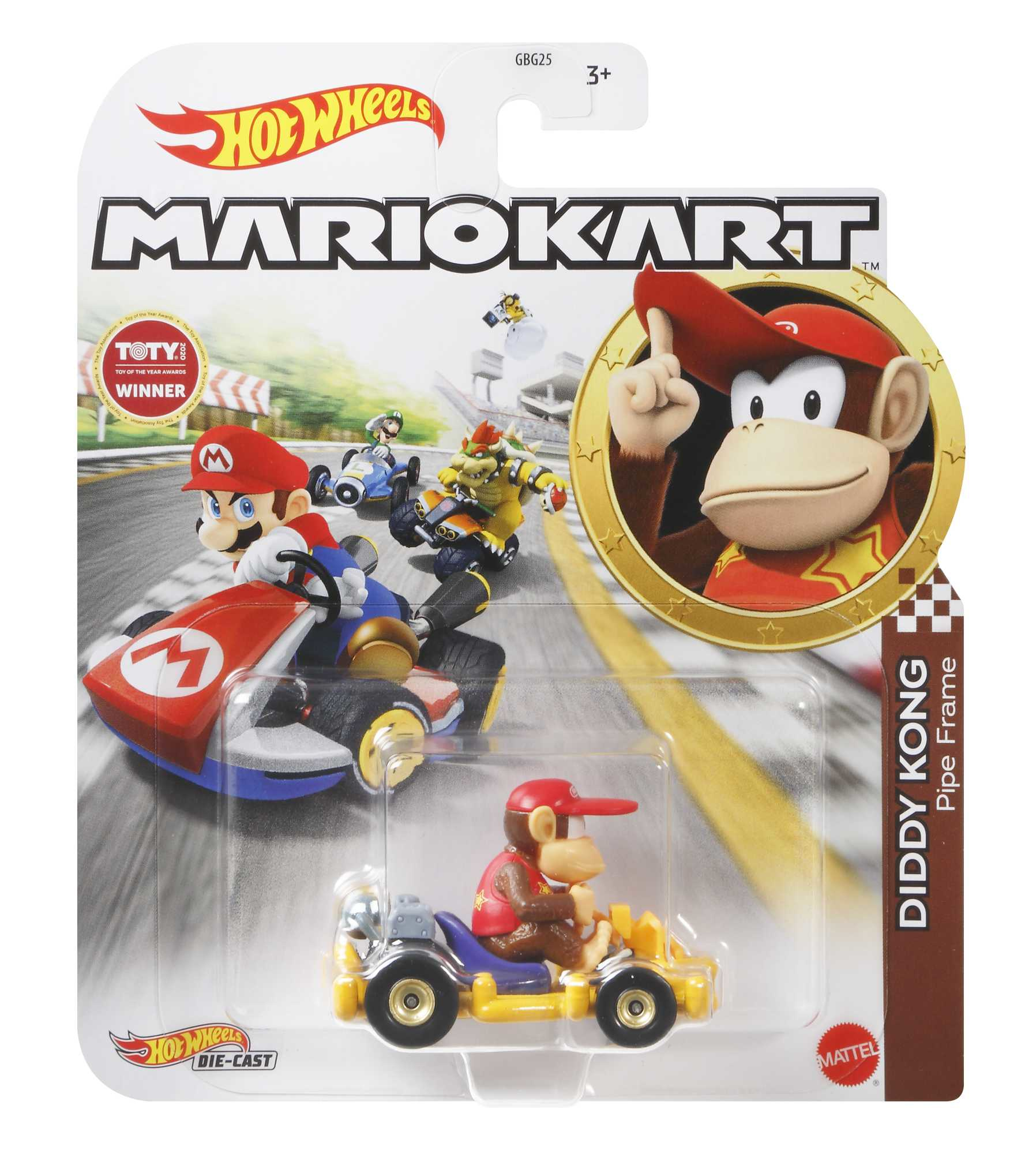 Mario Kart Hot Wheels-Verpackung mit einem Diddy Kong-Auto in einem gelben Kart.