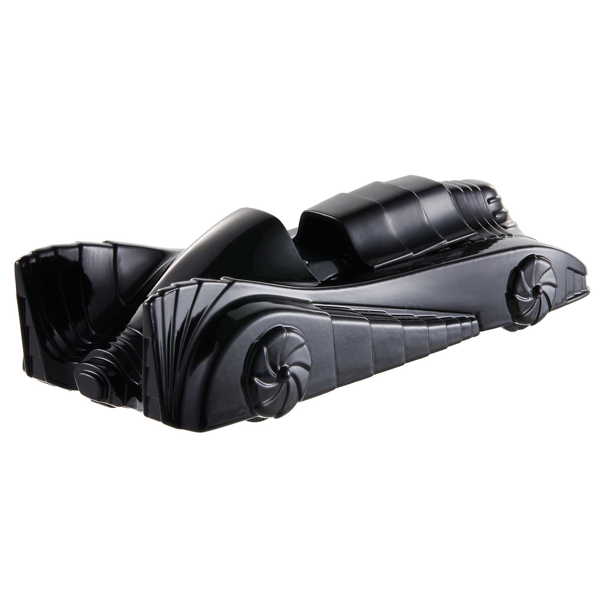 Czarny model Batmobila na białym tle, z charakterystycznymi płetwami i krzywiznami.