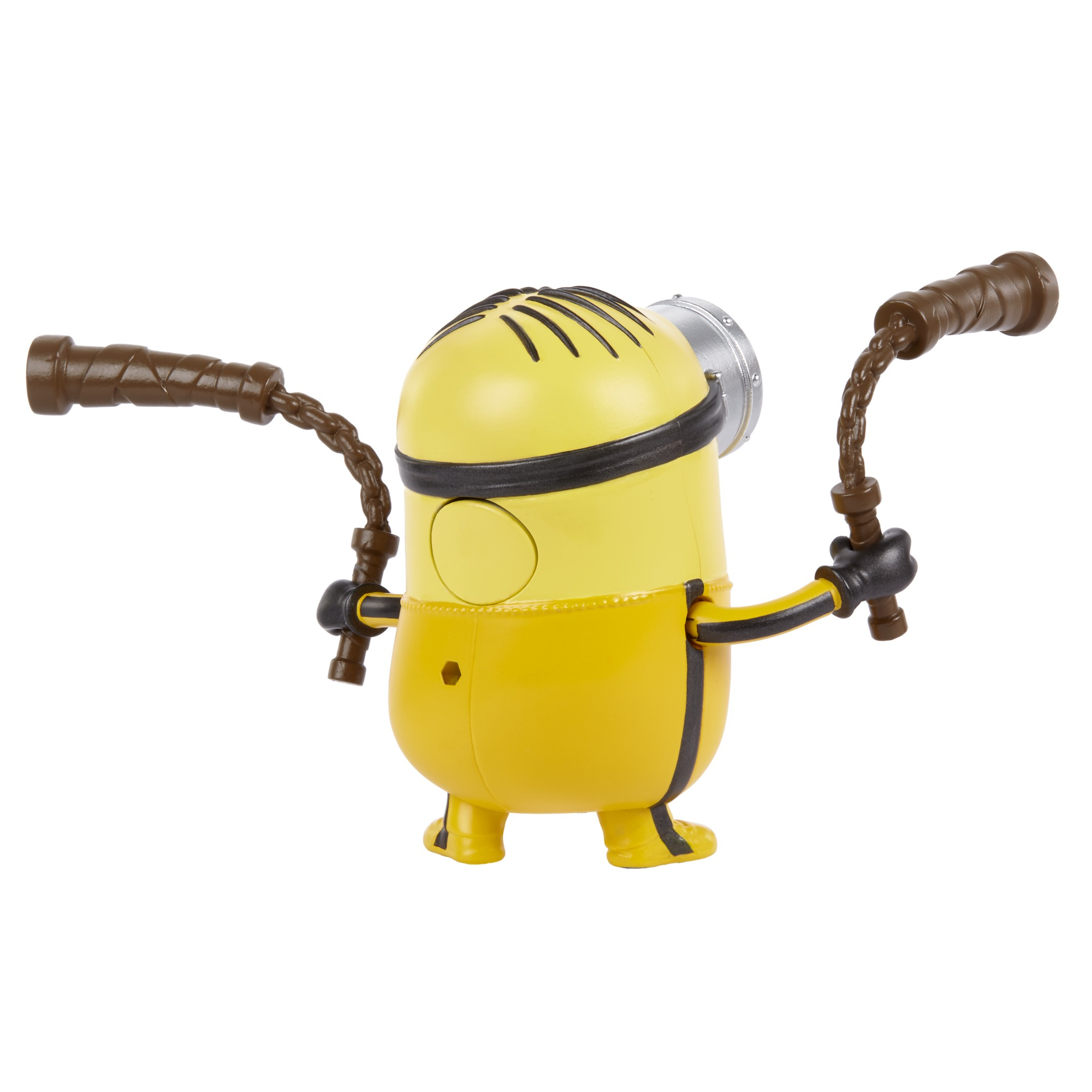 Ein gelbes Minion-Spielzeug steht mit ausgestreckten Armen da. Es hat eine Brille und Seile.