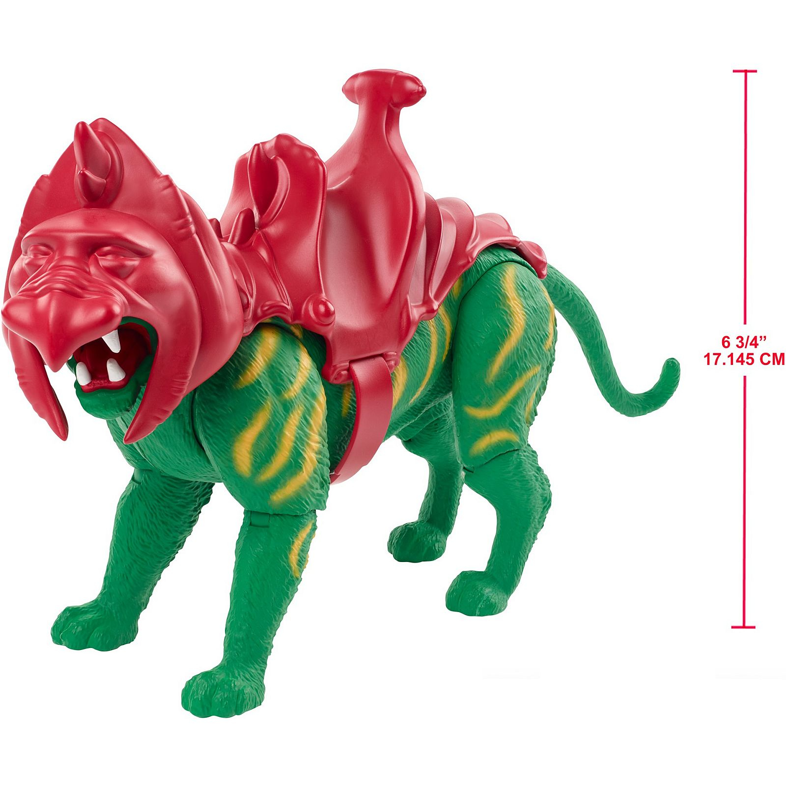 Eine grüne Spielzeugkatze mit rotem Kopf und Sattel. Sie hat einen weißen Mund und gelbe Streifen.