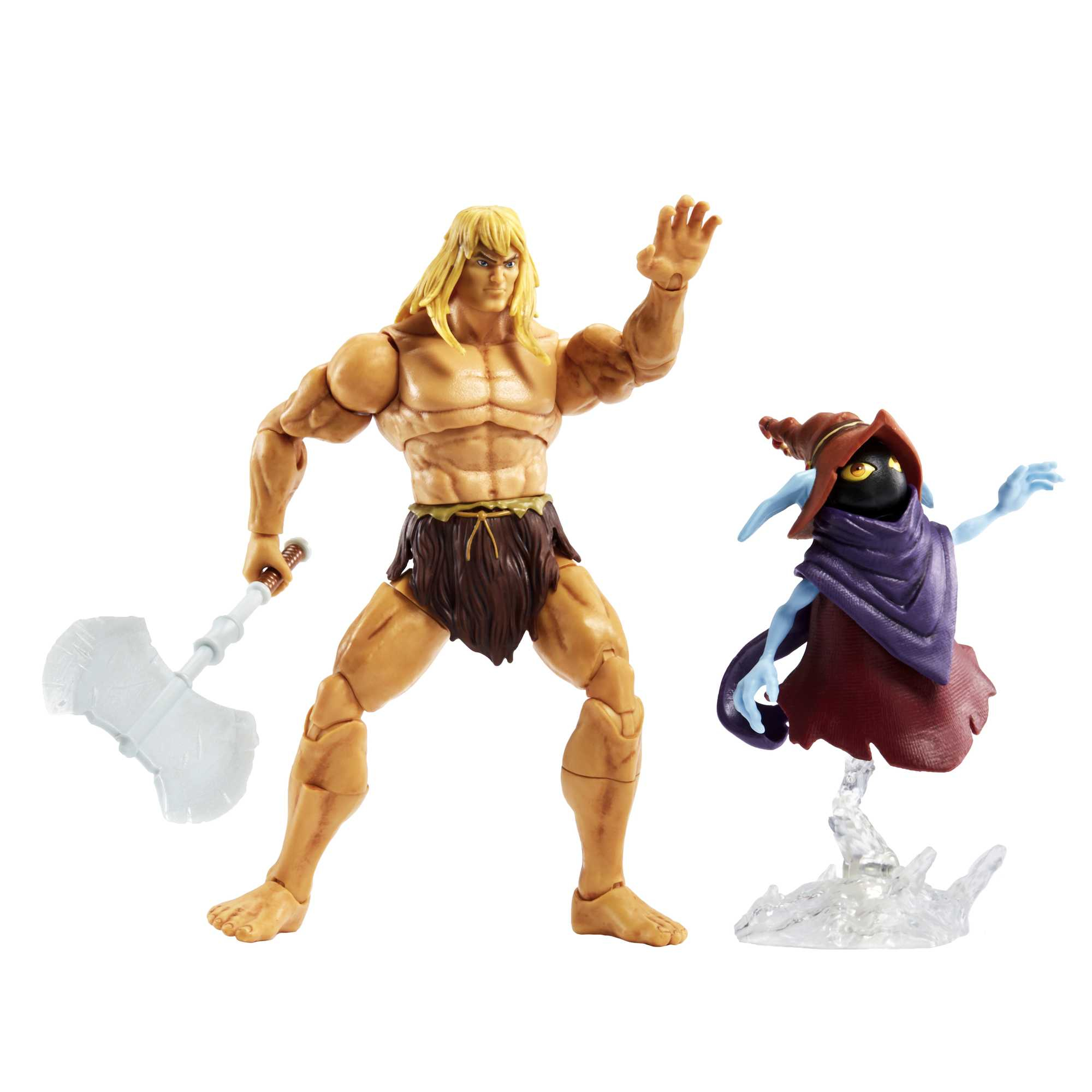 Action figure di He-Man con una spada e Orko, su sfondo bianco.