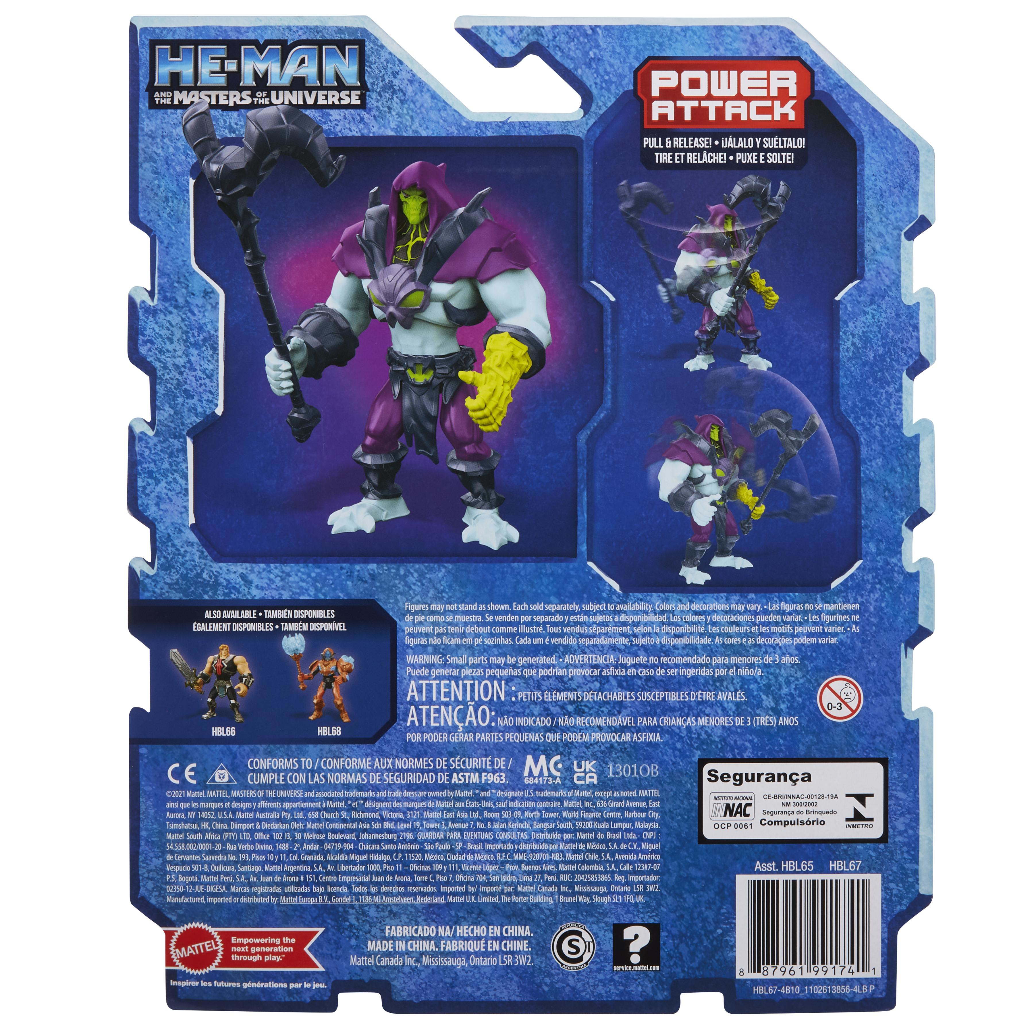 Embalaje de juguete He-Man. El juguete es una figura verde, morada y amarilla con un arma.