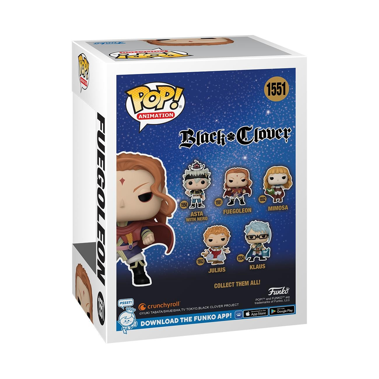 Una caja de Funko Pop con personajes de Black Clover. La caja muestra ilustraciones de varios personajes.