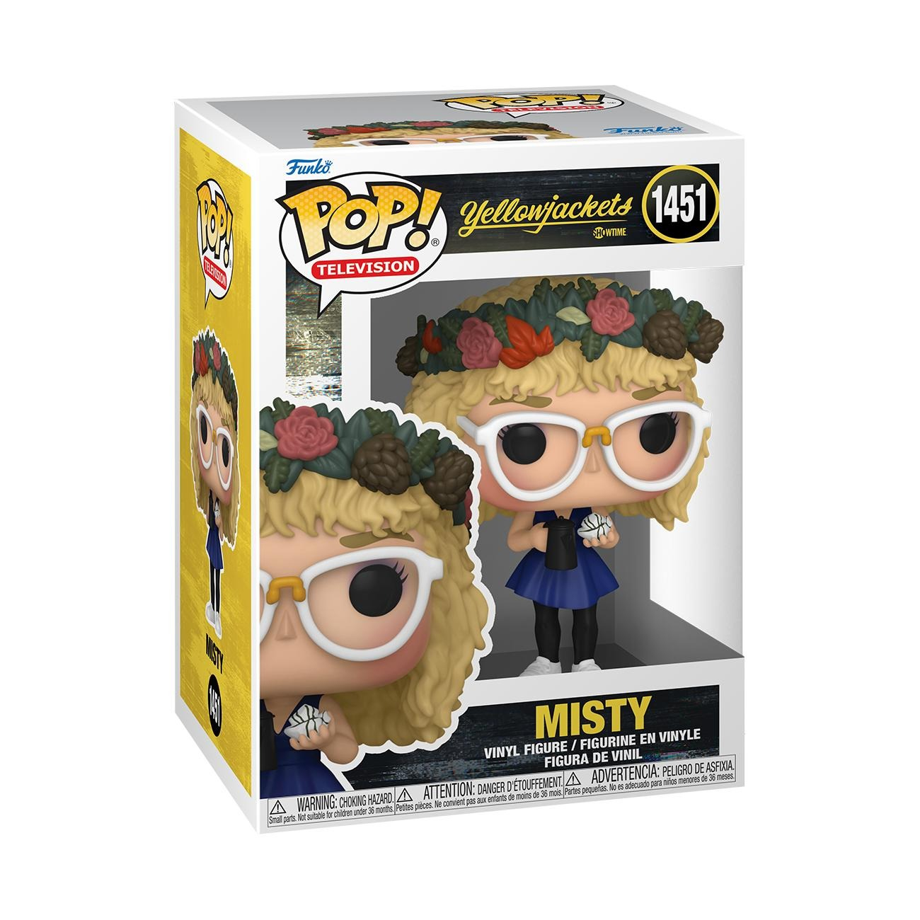 Funko Pop Box mit einer Figur einer Frau mit Brille und Blumenkranz.