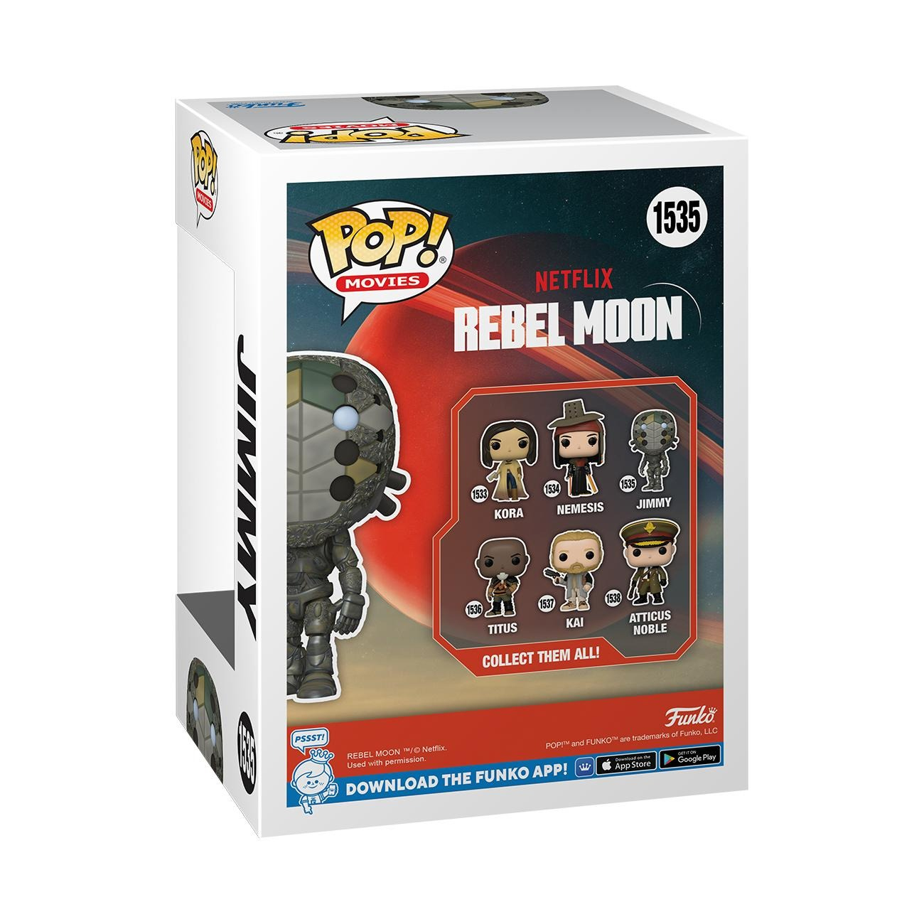 Pudełko Funko Pop do filmu Rebel Moon, z postaciami i widoczną figurką.