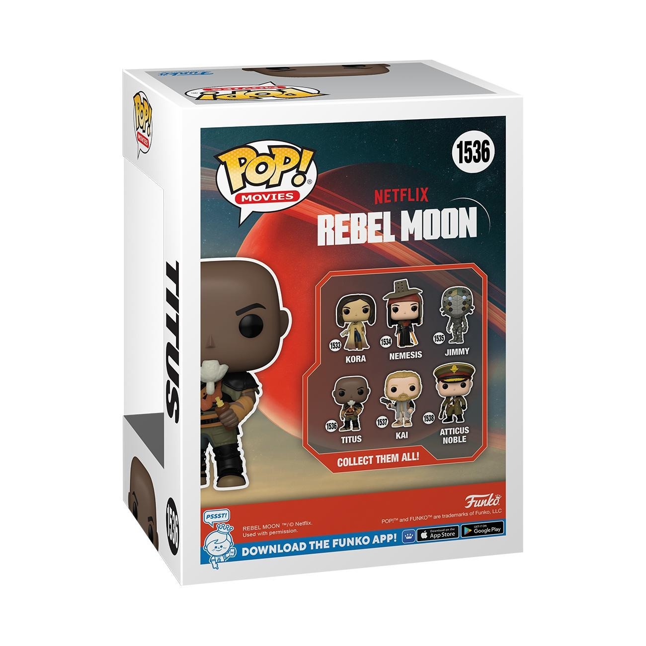 Zestaw figurek Funko Pop! w pudełku. Przedstawia postacie z Rebel Moon Netflix. Pudełko zawiera Titusa, Korę, Nemesis i innych.