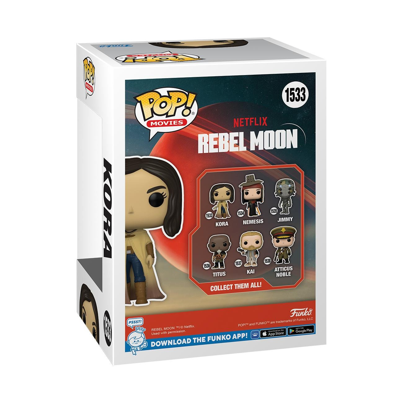 Pudełko Funko Pop! Movies do Netflix Rebel Moon, z figurkami postaci i obrazem Kory.