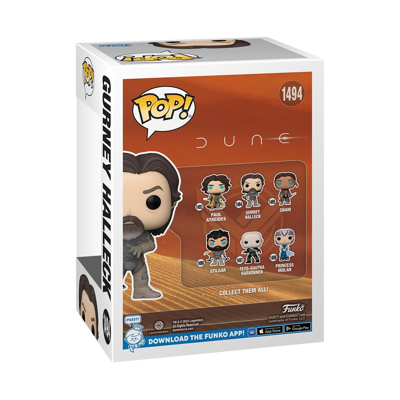 Scatola Funko Pop per Gurney Halleck, con immagini di personaggi, su sfondo bianco.