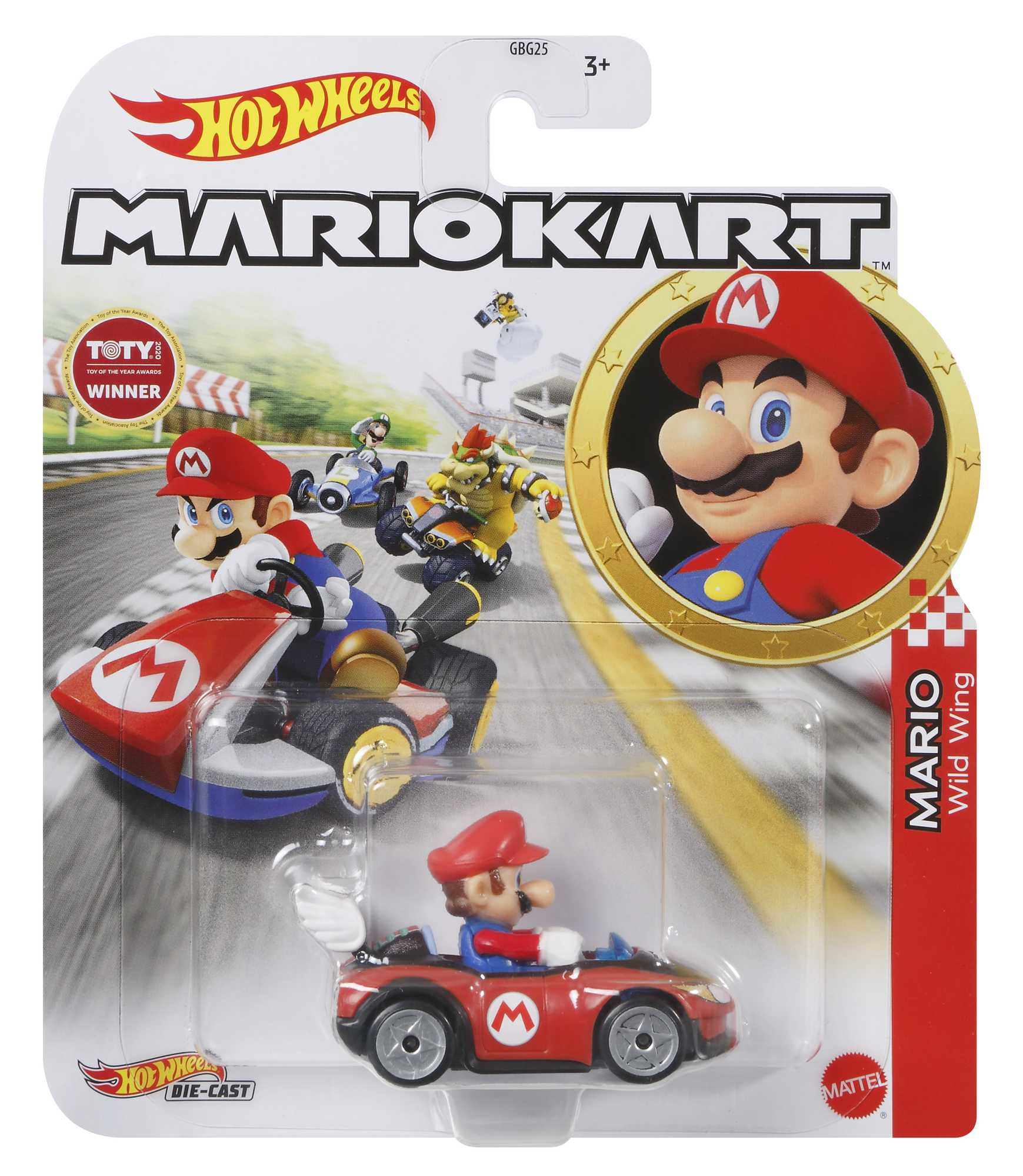 Mario Kart Spielzeugauto in einer Verpackung. Mario im Auto, mit anderen Rennfahrern im Hintergrund.
