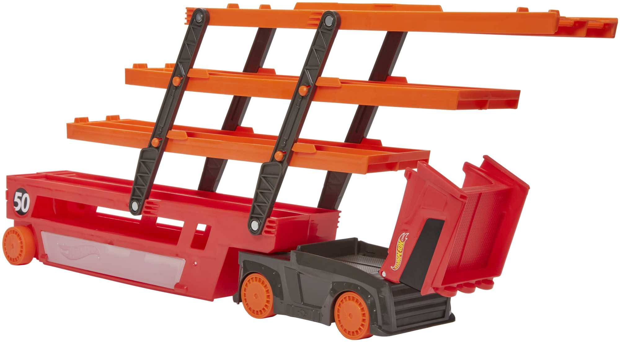 Pokazano czerwoną i pomarańczową zabawkę ciężarówki transportowej Hot Wheels, z otwartą górą i tyłem.