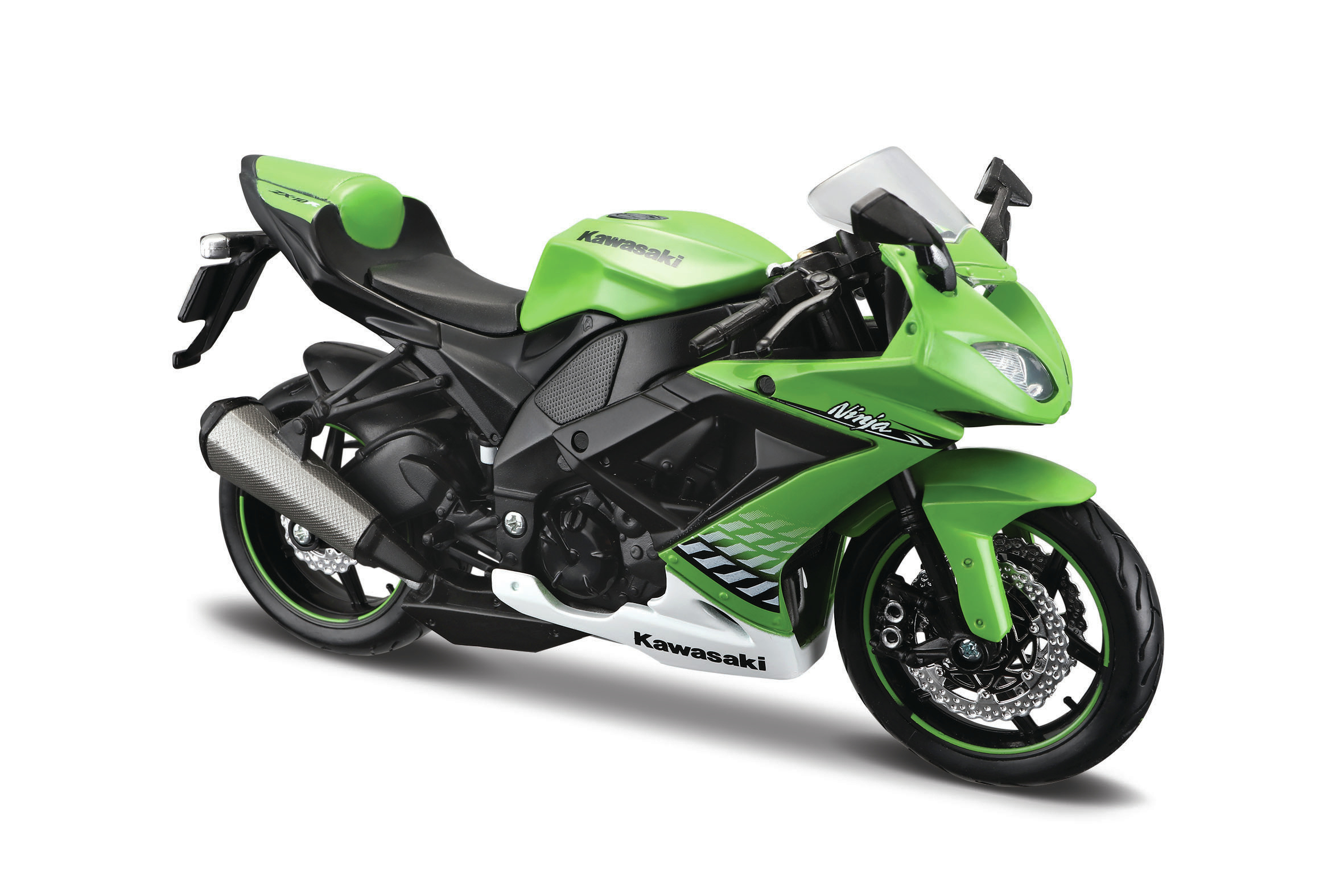 Grünes Kawasaki Ninja-Motorrad auf weißem Hintergrund. Detaillierte Ansicht des Designs und der Merkmale.