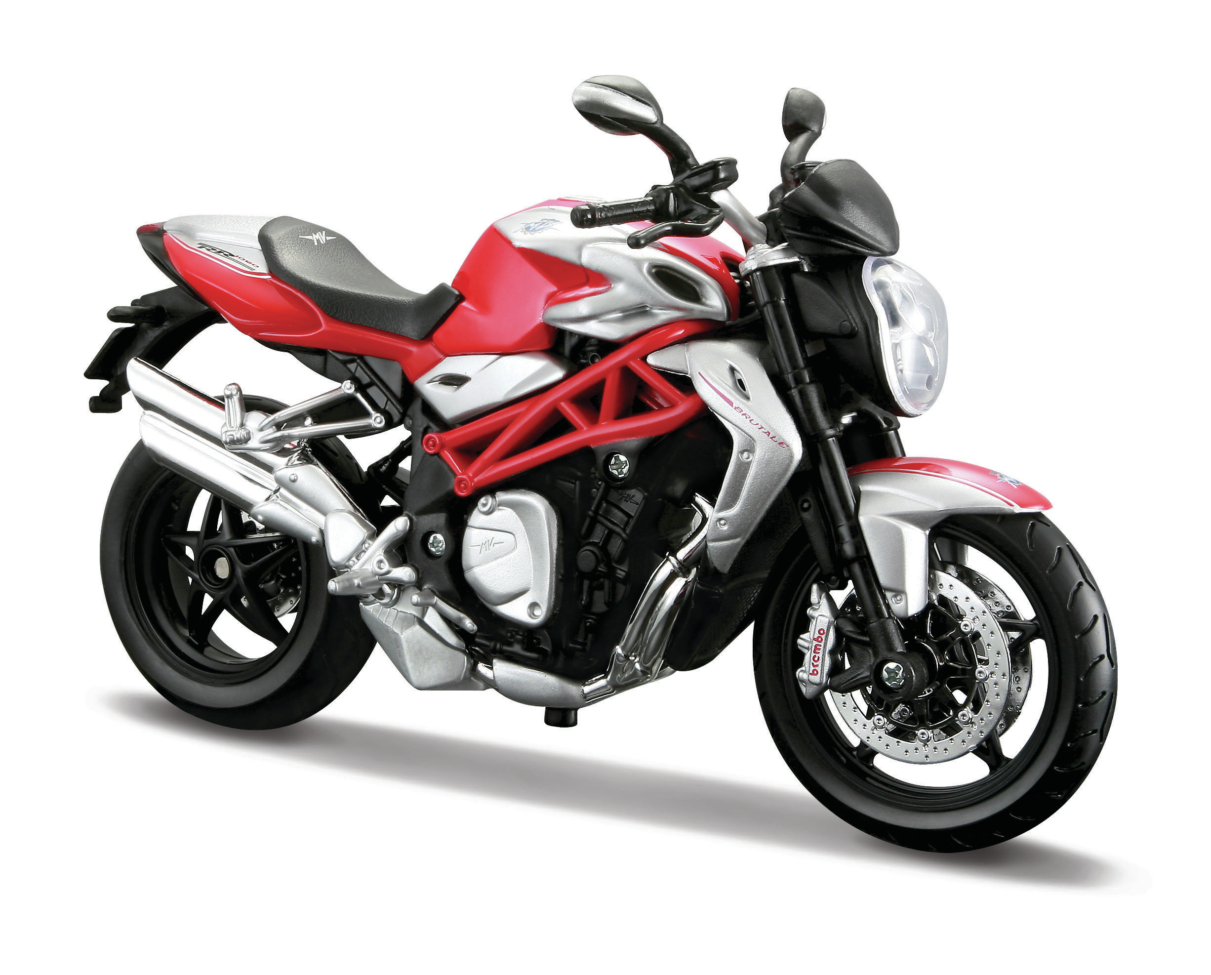 Ein rotes und silbernes Motorradspielzeug. Der Hintergrund ist weiß.