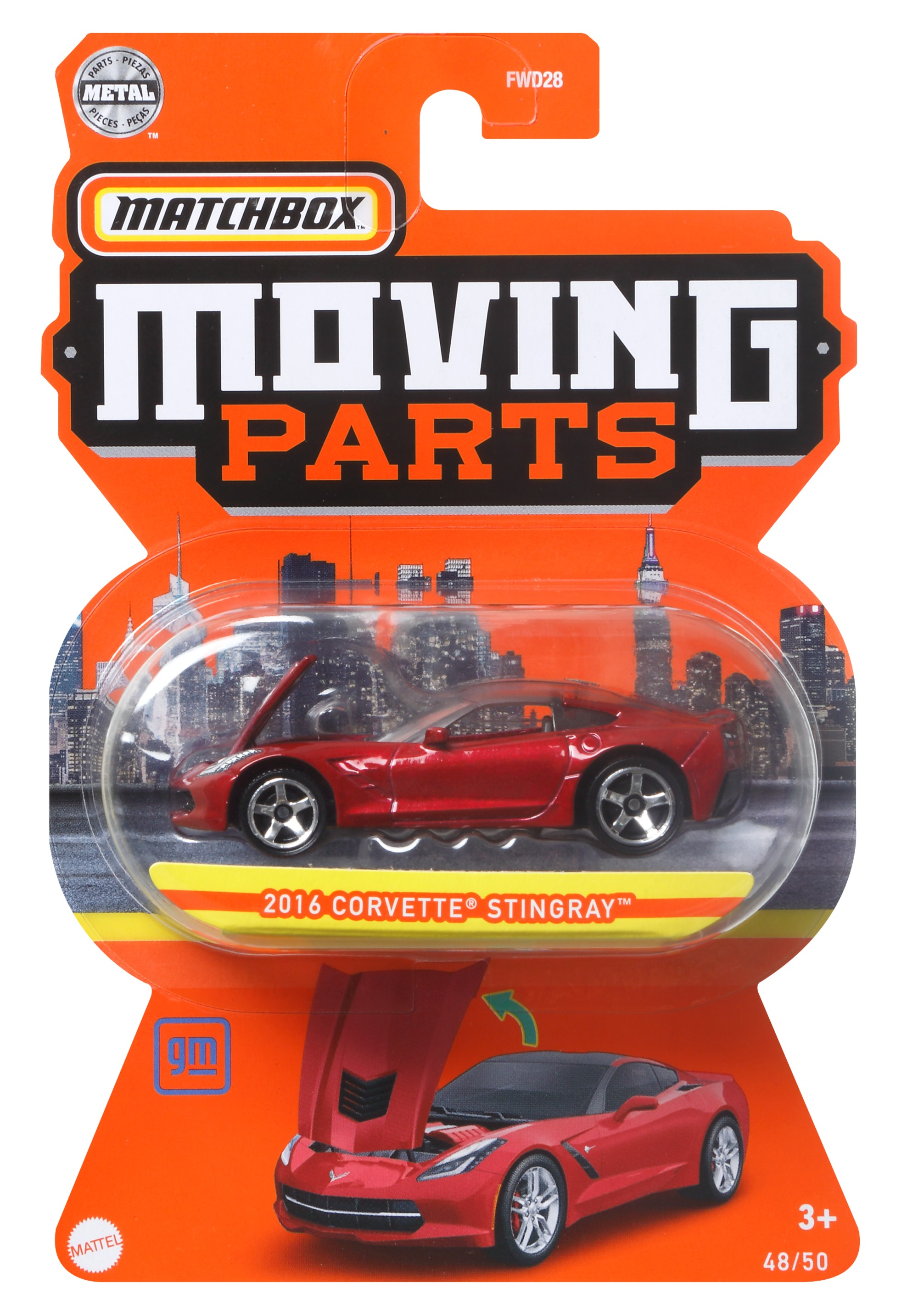 Zabawkowy samochód Matchbox zapakowany w blister. To czerwony 2016 Corvette Stingray.