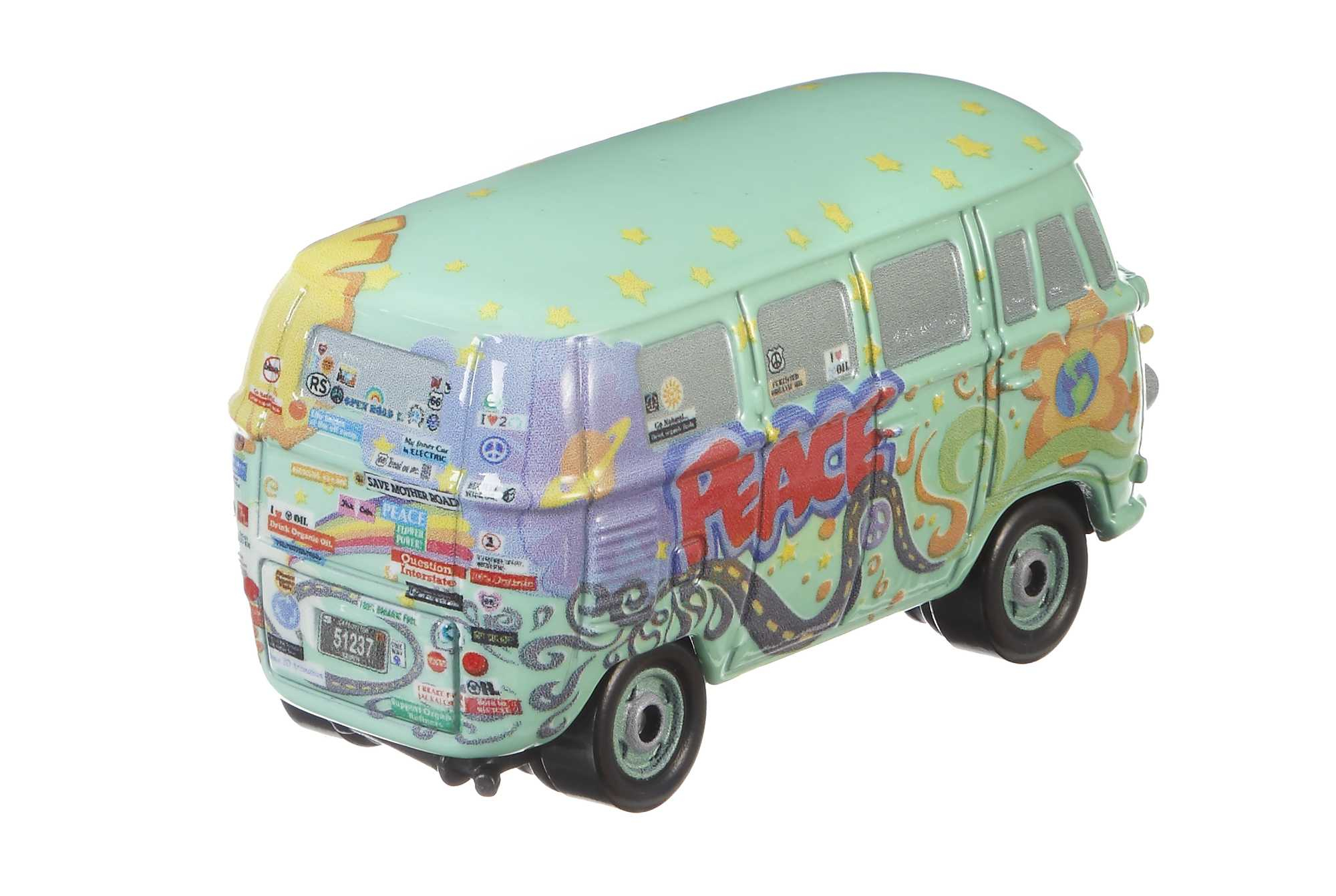 Jasnoniebieski samochodzik z naklejkami, z napisem "PEACE", gwiazdami i tablicą rejestracyjną "31237".
