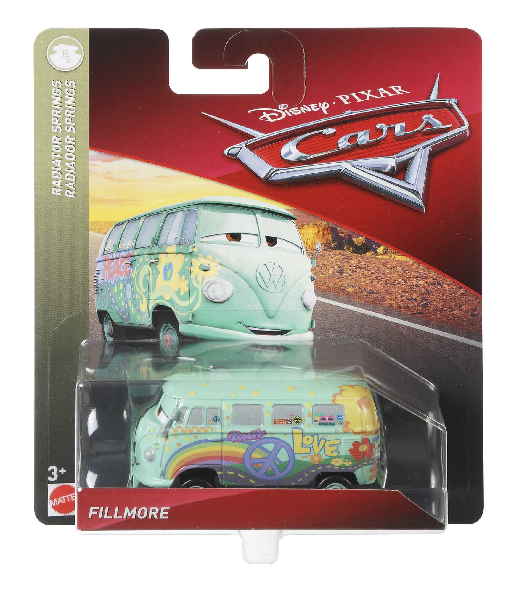 Zabawkowy samochód, Fillmore z Aut, w opakowaniu. Jasnozielony autobus z kwiatami.