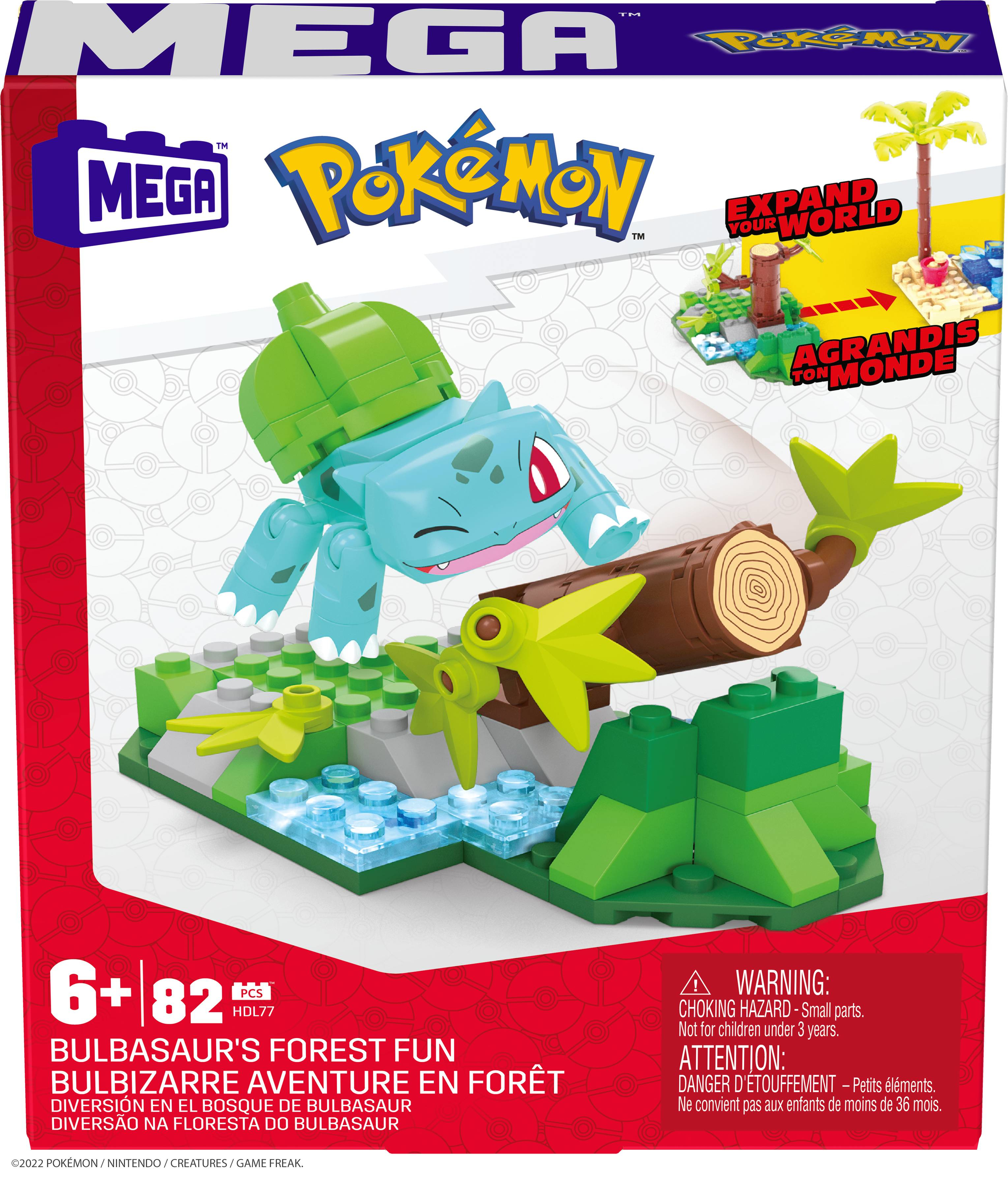 Ein Mega Pokemon Bauset mit einer Bulbasaur-Figur und einer Waldumgebung.