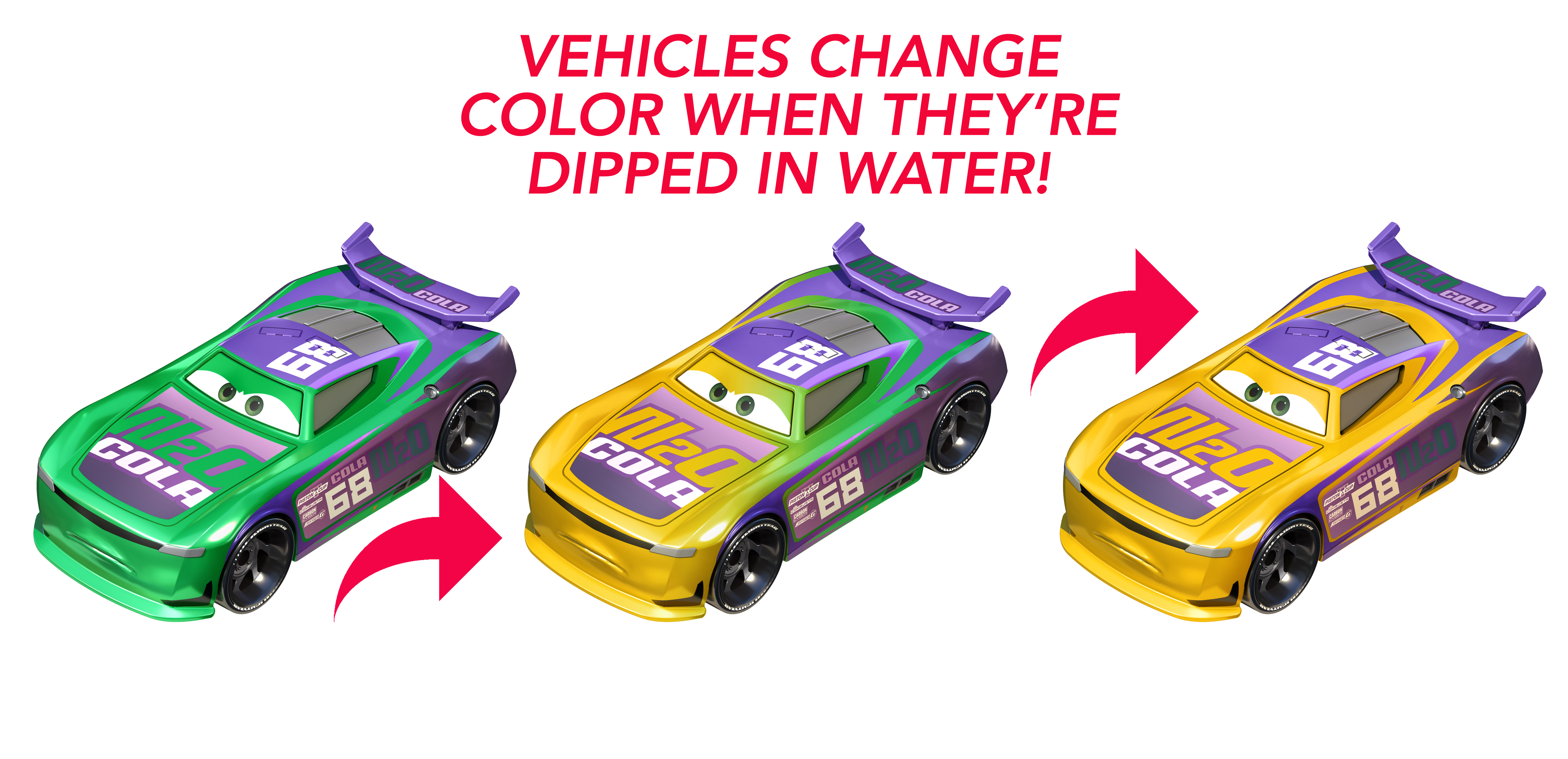 Spielzeugautos, die die Farbe wechseln. Grünes Auto wird nach dem Eintauchen in Wasser gelb. Text: Fahrzeuge wechseln die Farbe.