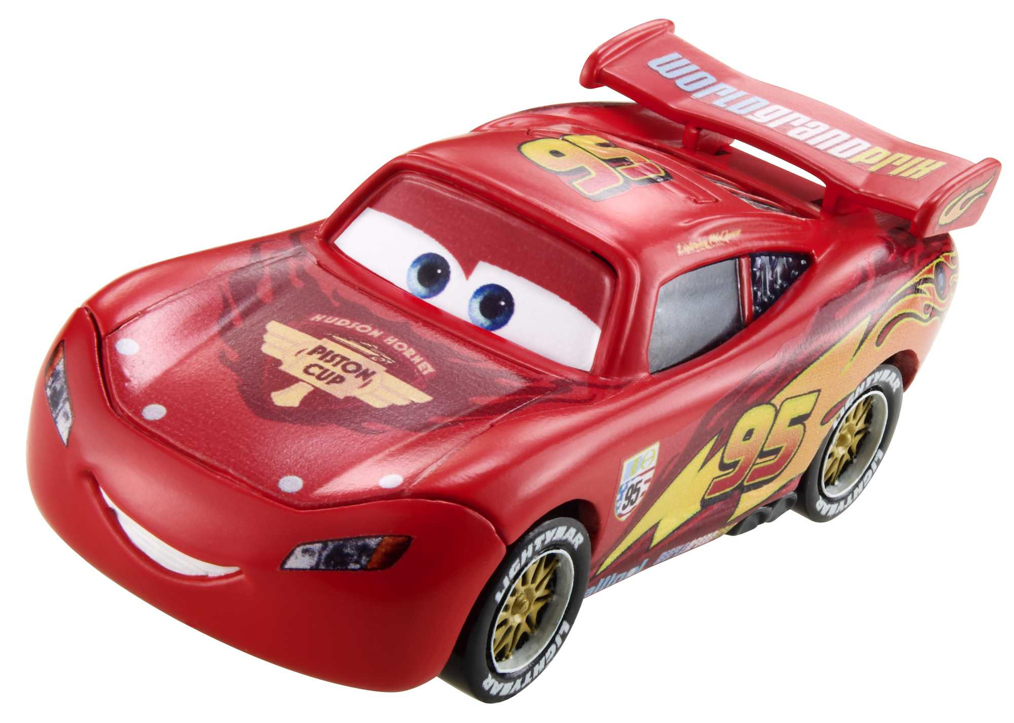 Czerwony samochód zabawka Lightning McQueen z detalami wyścigowymi, złotymi kołami i uśmiechniętą twarzą.