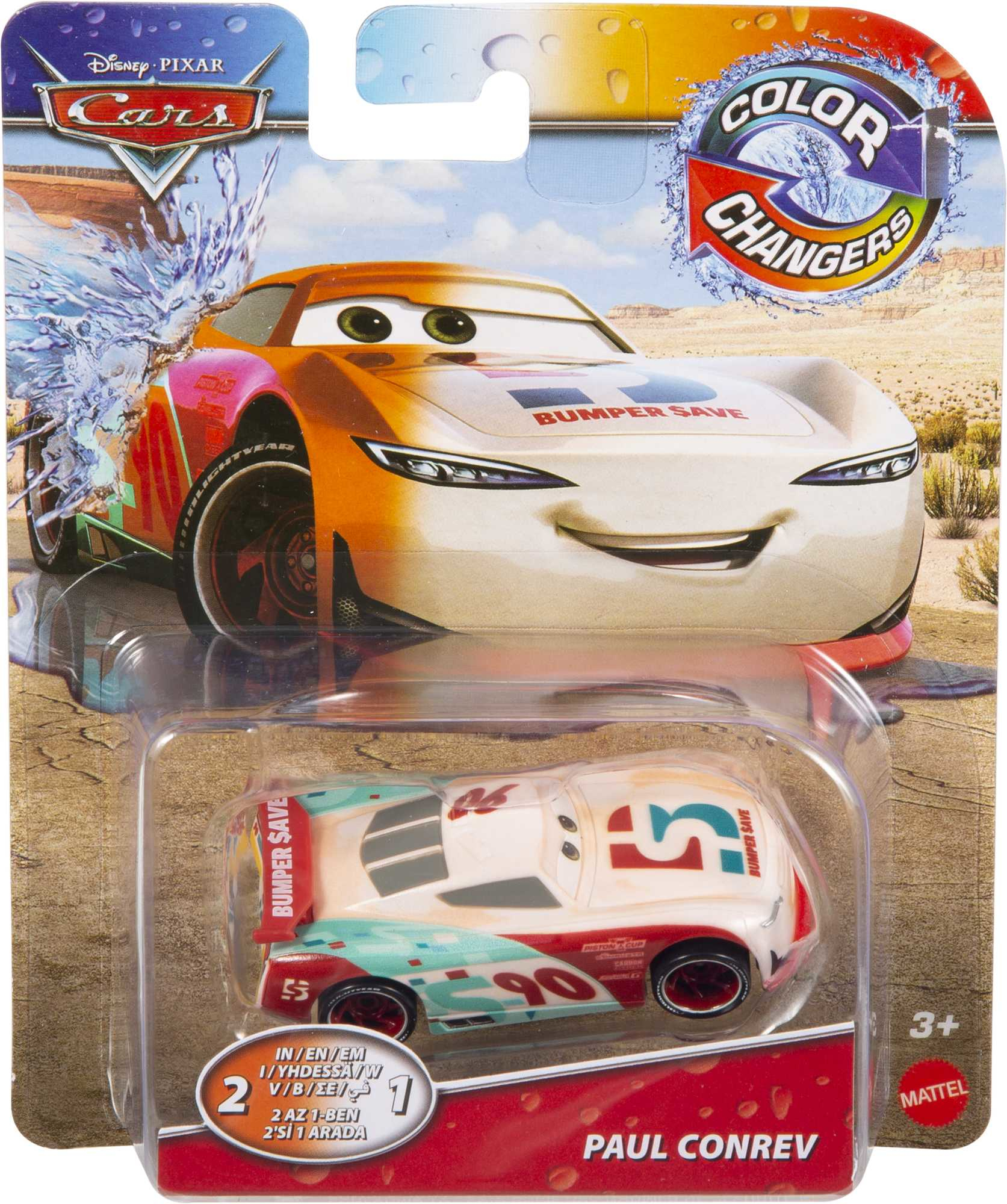 Ein Spielzeugauto in einer Verpackung mit einem Etikett. Die Verpackung hat Text. Der Hintergrund ist weiß.
