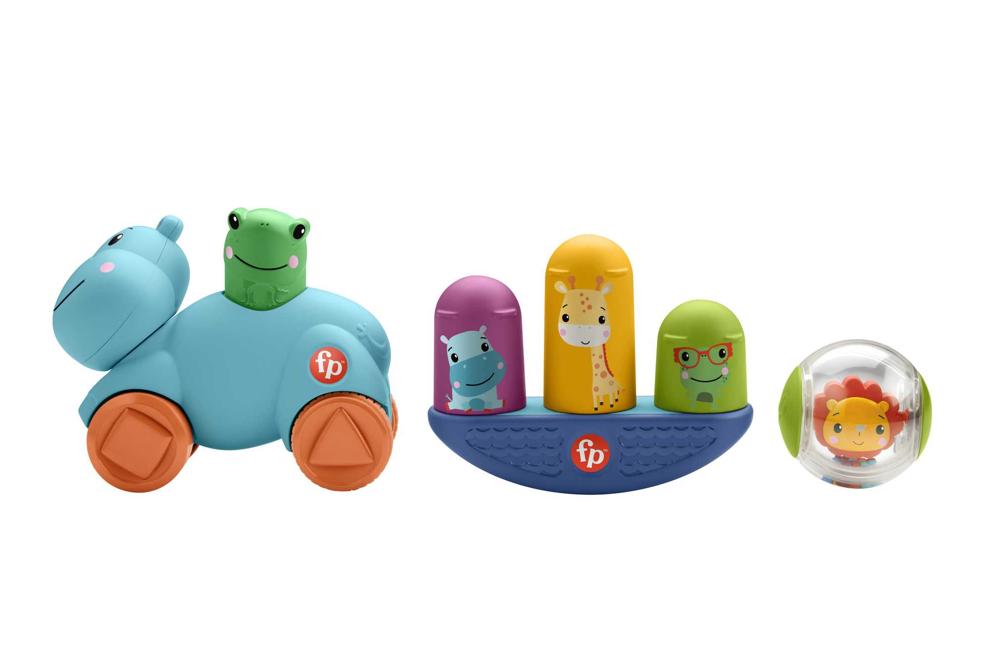 Drei Spielfiguren auf blauer Kunststoffbasis, mit Nilpferd und Frosch.