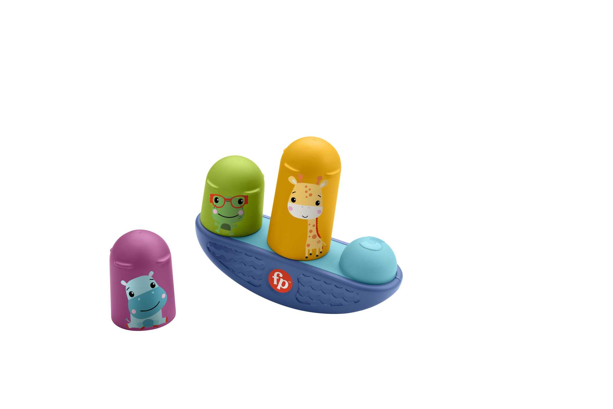 Ein blaues Bootspielzeug mit drei Tierfiguren: einem Nilpferd, einer Giraffe und einem Frosch. Weißer Hintergrund.