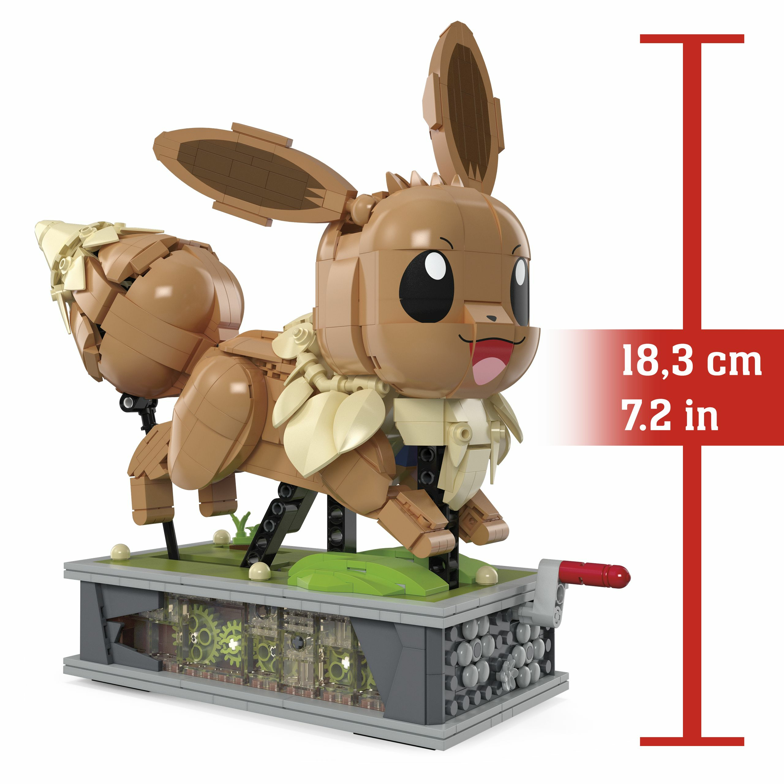 Figura Lego Eevee. Marrone e crema, su piattaforma dettagliata, misura 18,3 cm.
