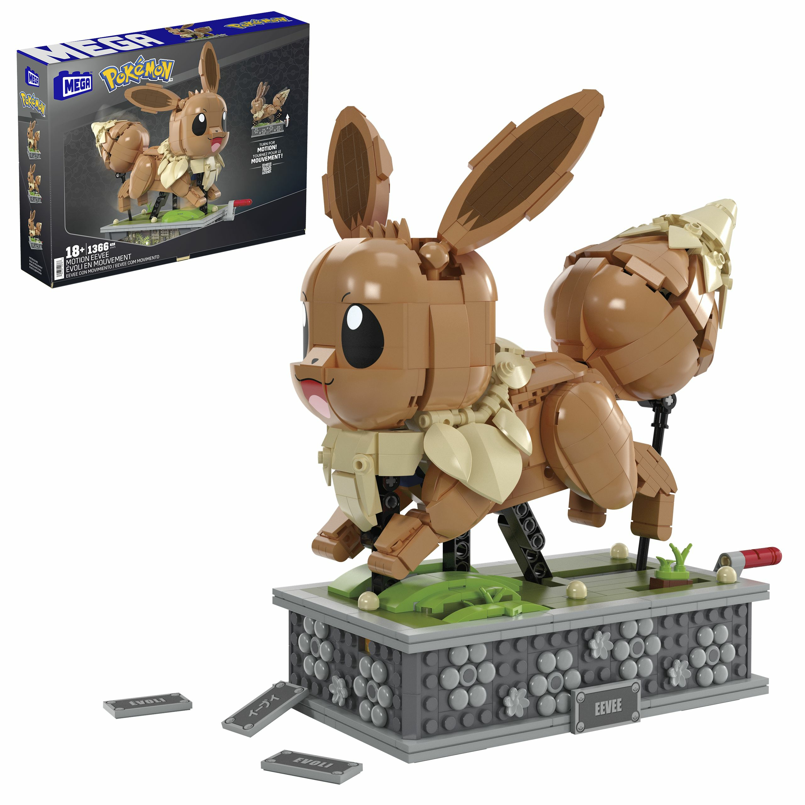 Un modello Lego Eevee su un espositore con una scatola sullo sfondo.