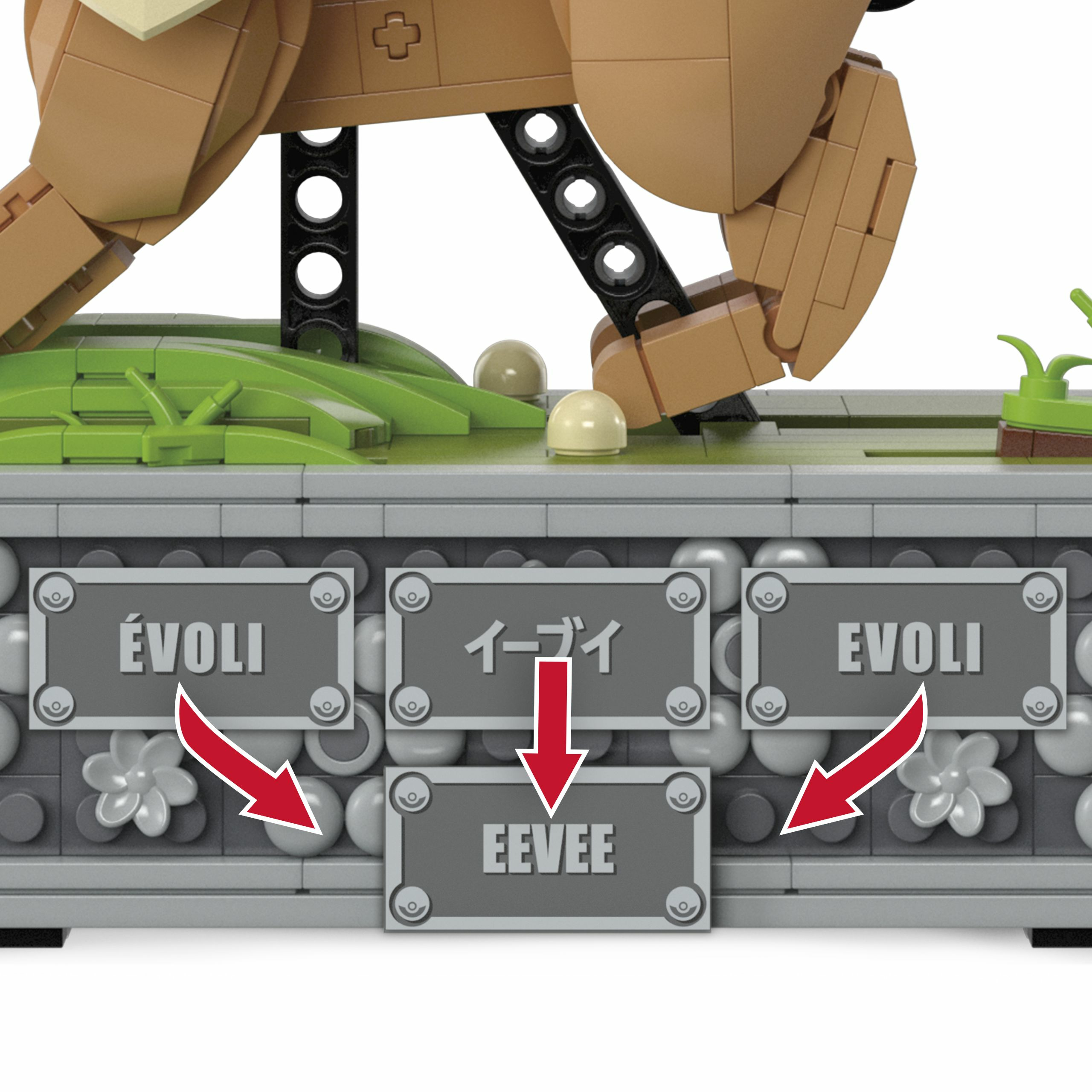 Set Lego con una figura di Eevee ed etichette di testo con frecce.