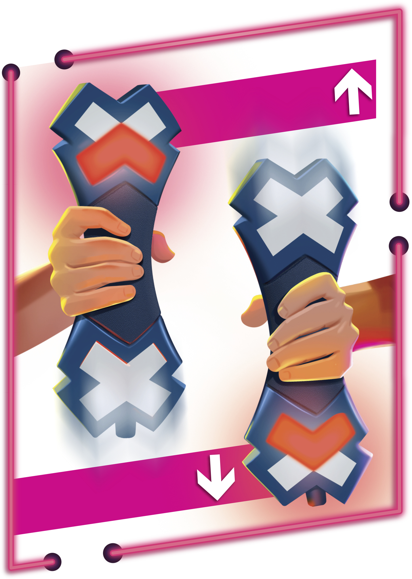 Dwie dłonie trzymające niebiesko-czarne urządzenie z białymi i pomarańczowymi akcentami. Strzałki wskazują ruch.