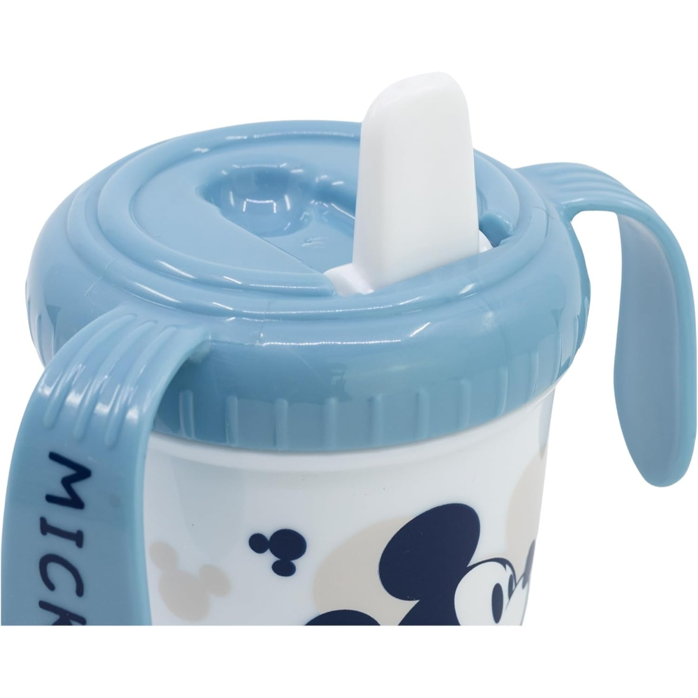 Vaso para sorber azul con asas, diseño de Mickey Mouse, boquilla blanca.