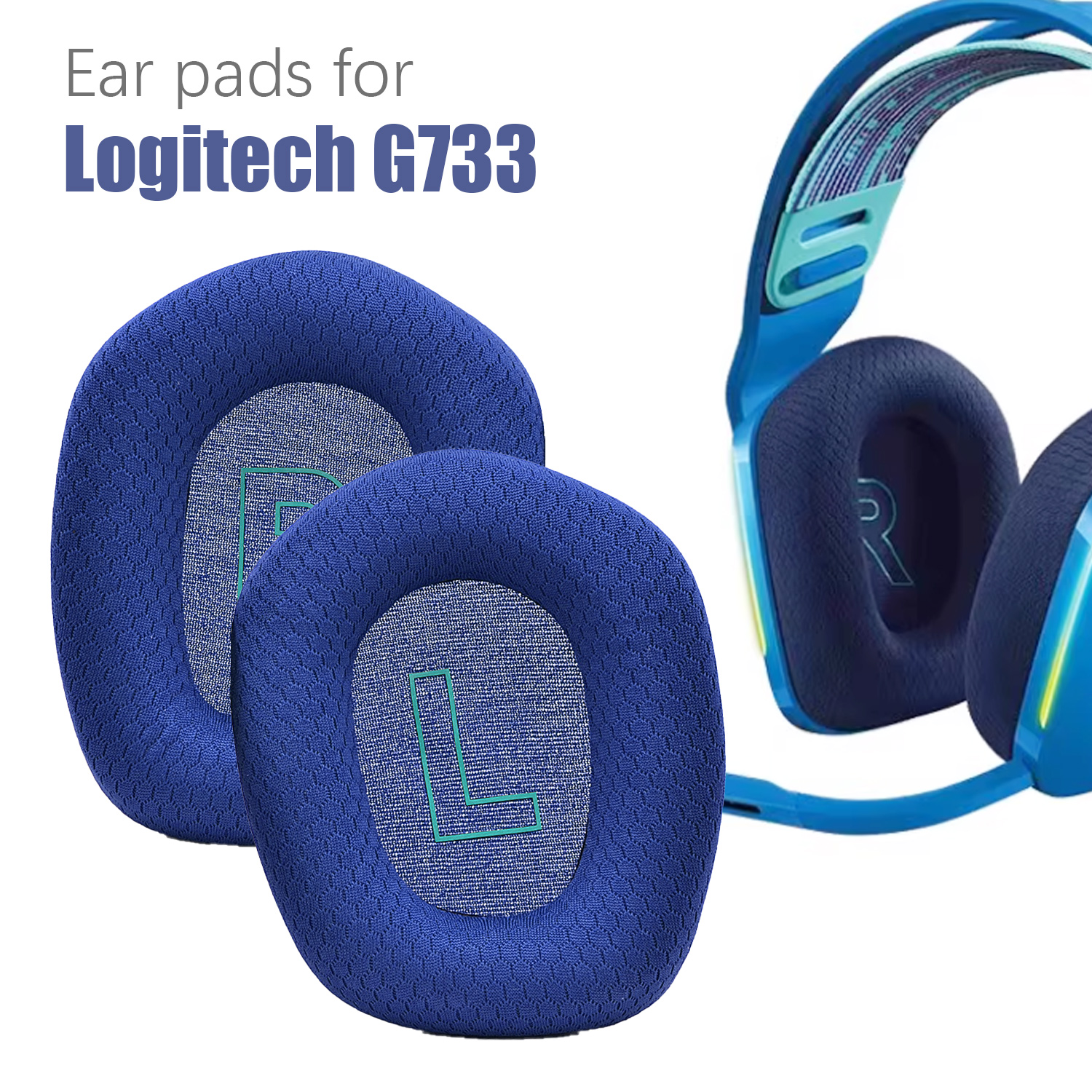 Blaue Ohrpolster für Logitech G733 Kopfhörer. Text: 'Ohrpolster'.
