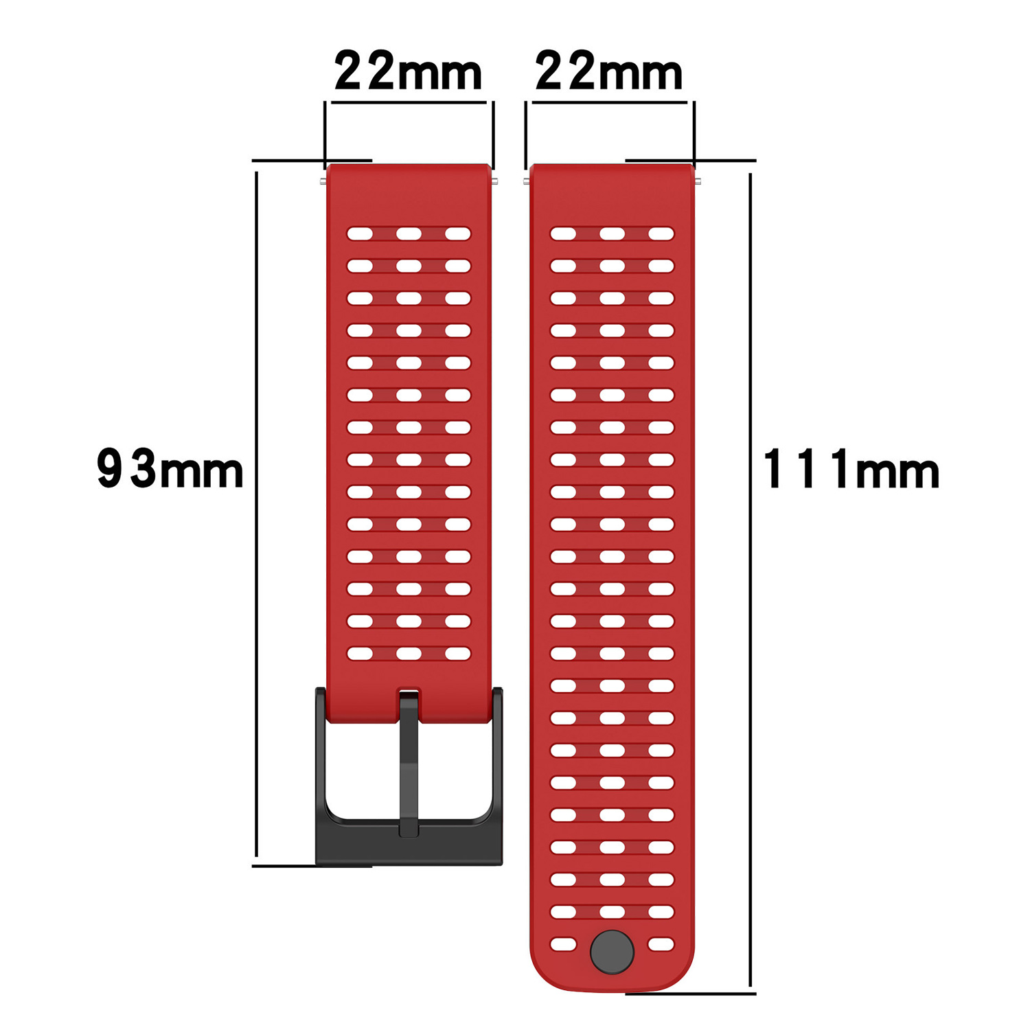 Dwa czerwone paski do zegarków z otworami i czarną klamrą, podano wymiary.
