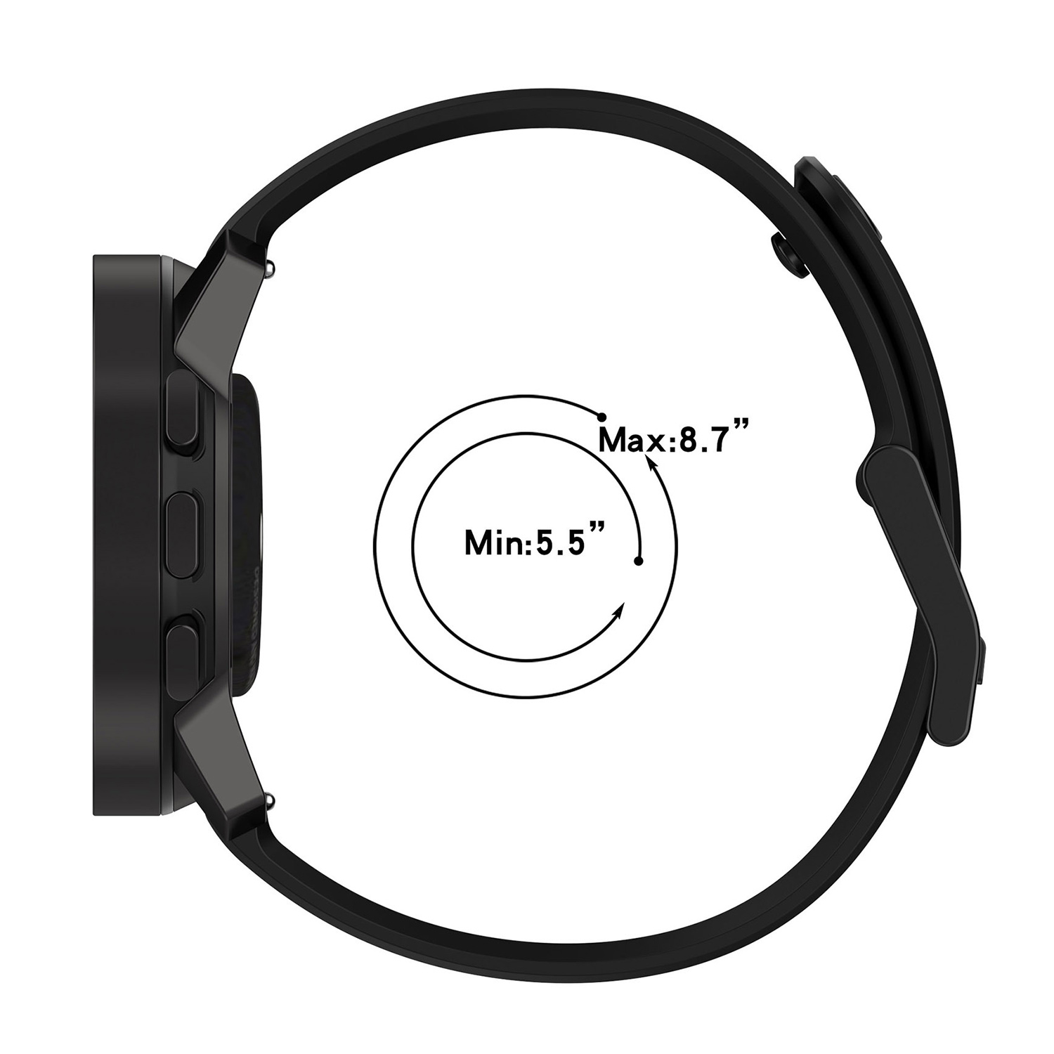 Czarny smartwatch z czarnym paskiem. Ekran jest czarny. Tło jest białe.