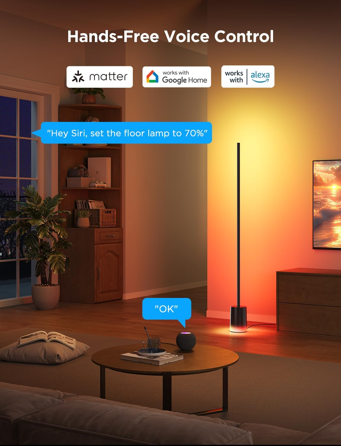 A floor lamp with color-changing light, voice control icons, and a room with a sofa and side table.