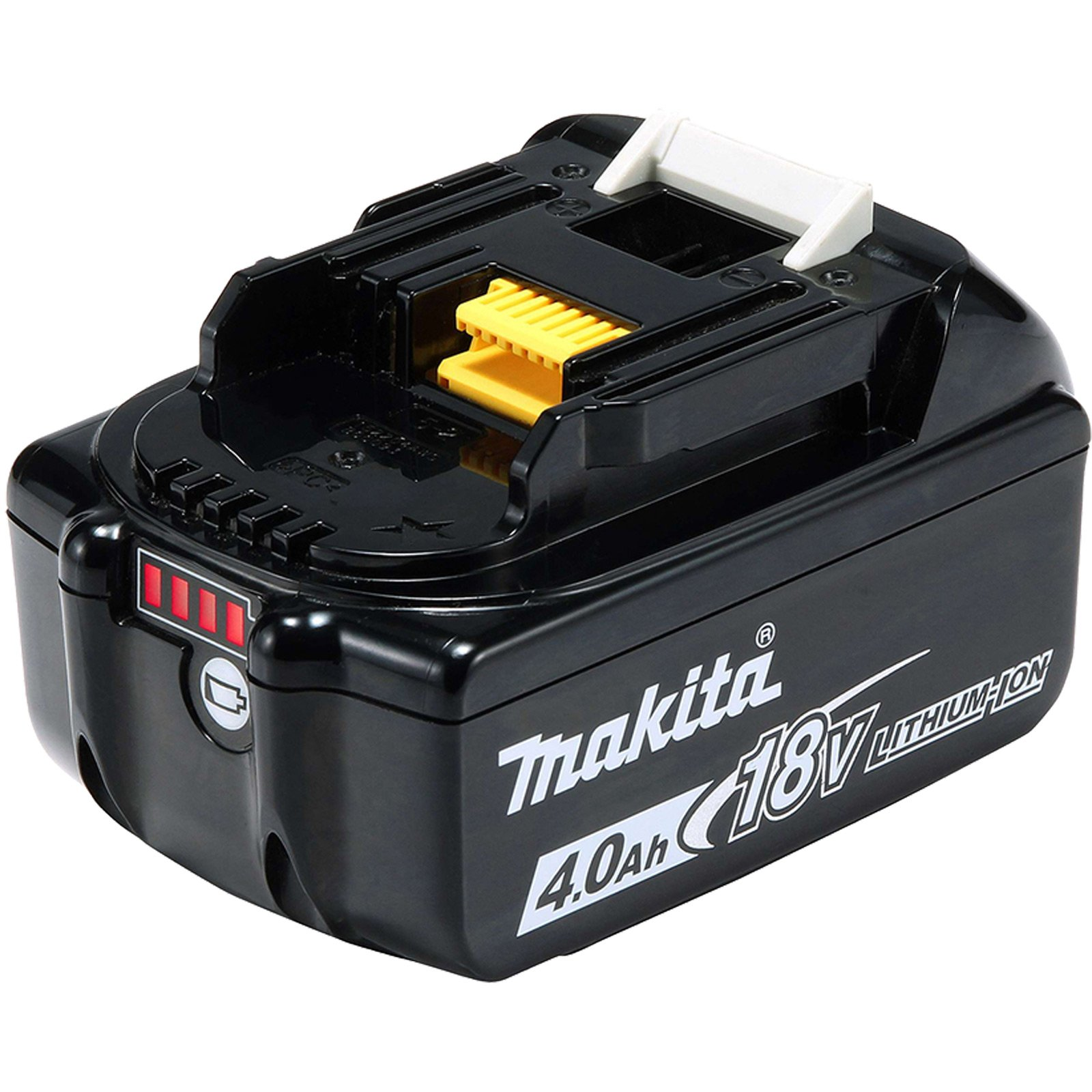 Schwarzer Makita 18V 4,0 Ah Lithium-Ionen-Akku. Er hat einen gelben Verschluss und rote Ladeanzeigen.