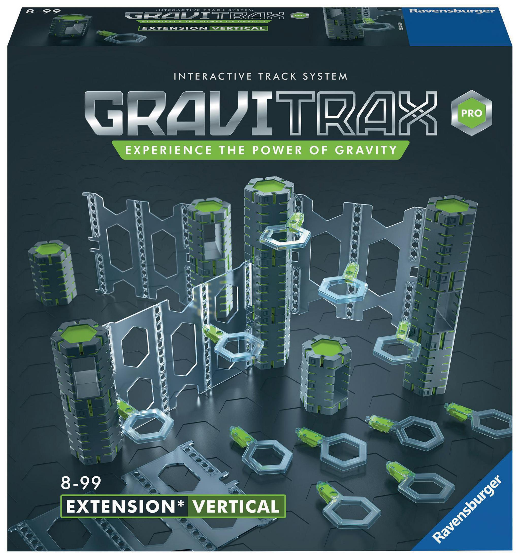 Grafika pudełka Gravitrax z elementami systemu torów, szary i zielony.