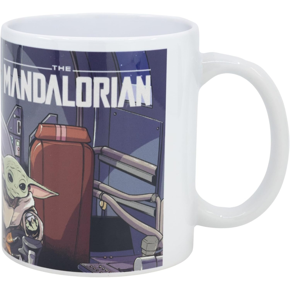 Taza blanca con The Mandalorian y Grogu.