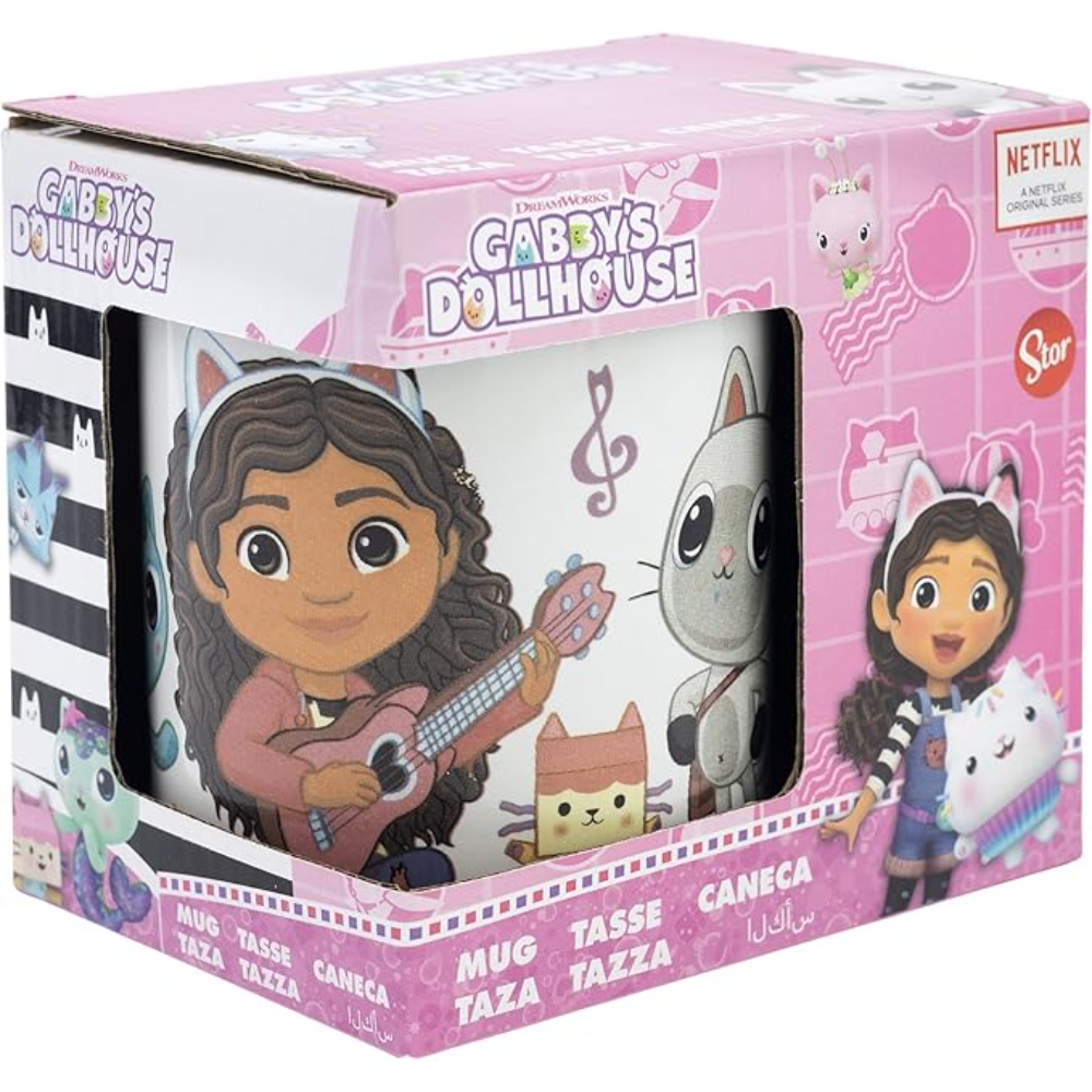 Taza y caja con personajes de Gabby's Dollhouse, incluyendo Gabby y figuras de gato.