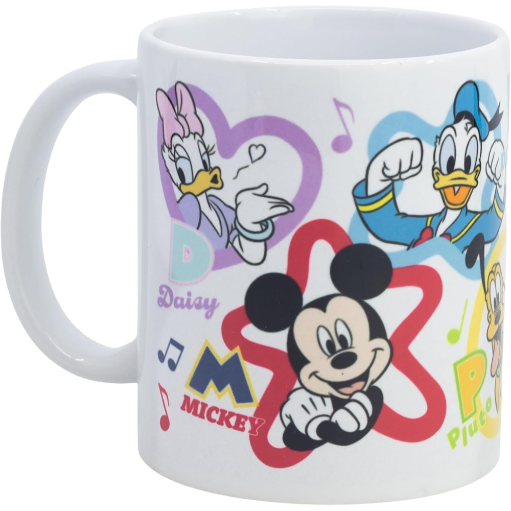 Taza blanca con personajes de Disney: Mickey, Daisy, Donald y Pluto. Diseño colorido con notas musicales.
