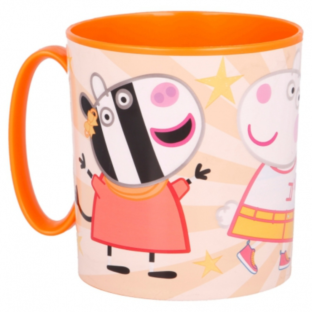 Taza de Peppa Pig con un cebra y personajes de Peppa. Asa y borde naranja.
