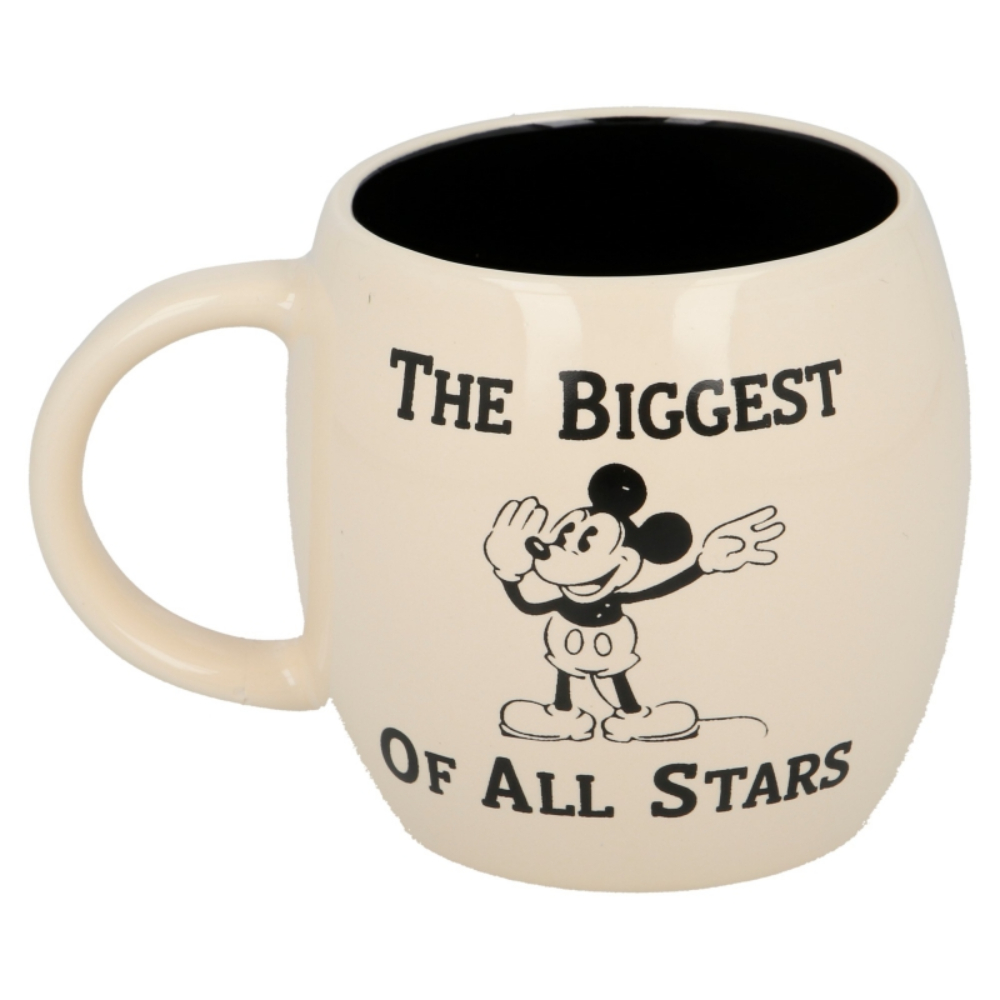 Taza color crema con Mickey Mouse saludando y el texto 'THE BIGGEST OF ALL STARS'.