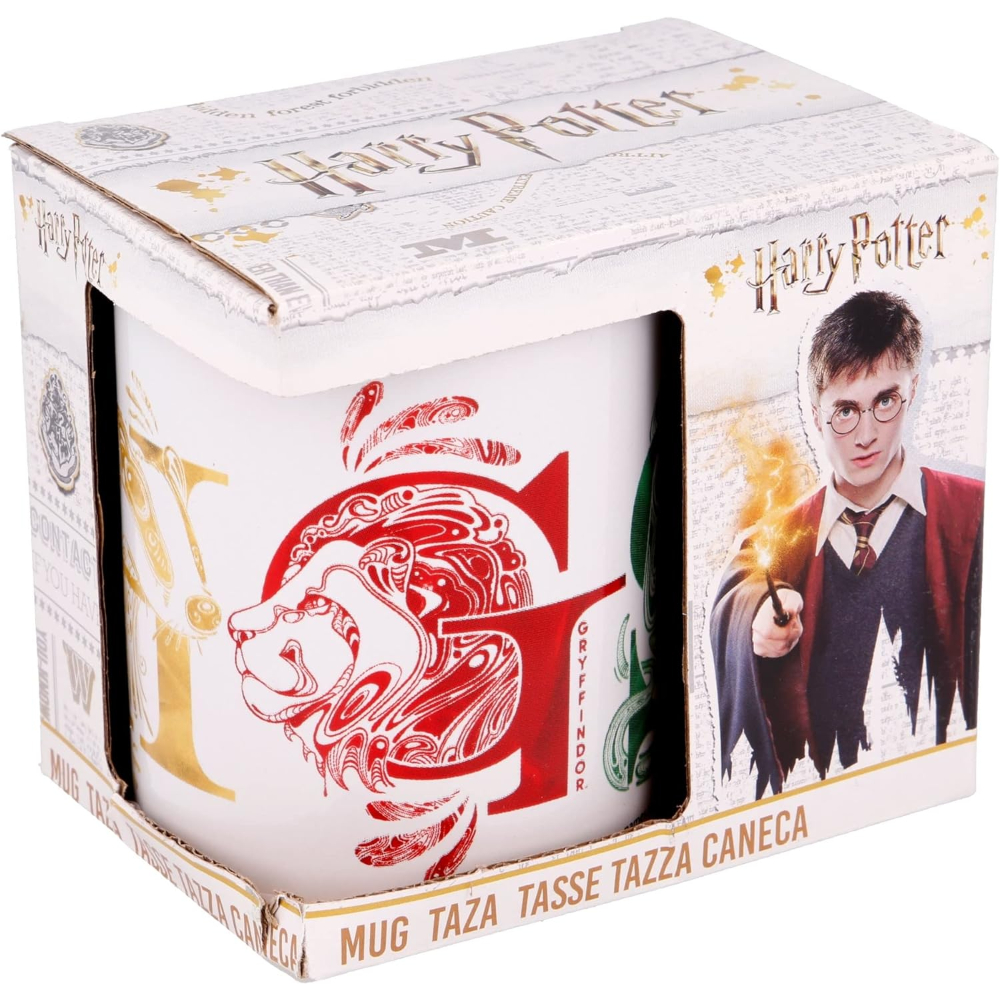 Taza de Harry Potter en una caja con un león y la letra 'G'.
