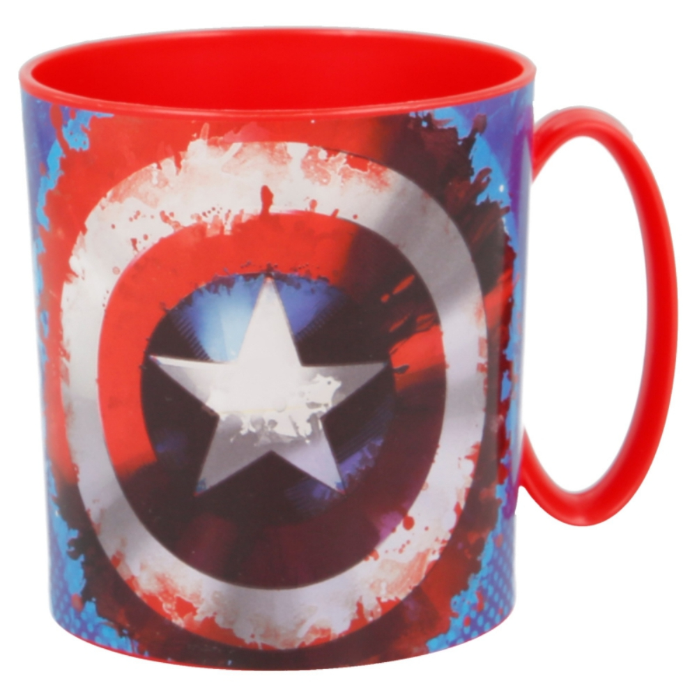 Taza del Capitán América con diseño de escudo. Asa y borde rojos.