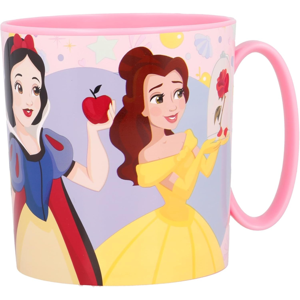 Taza Disney con ilustraciones de Blancanieves y Bella, asa rosa y fondo.