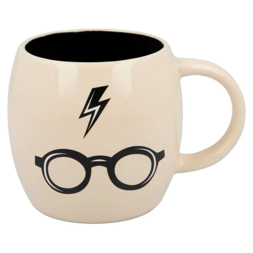 Taza color crema con gafas de Harry Potter y rayo, interior negro.